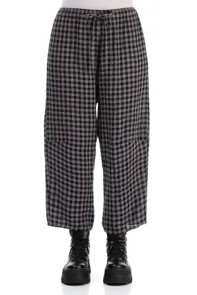 Tie Up Grey Check Linen Trousers Casual Comfort Fit Utility Style