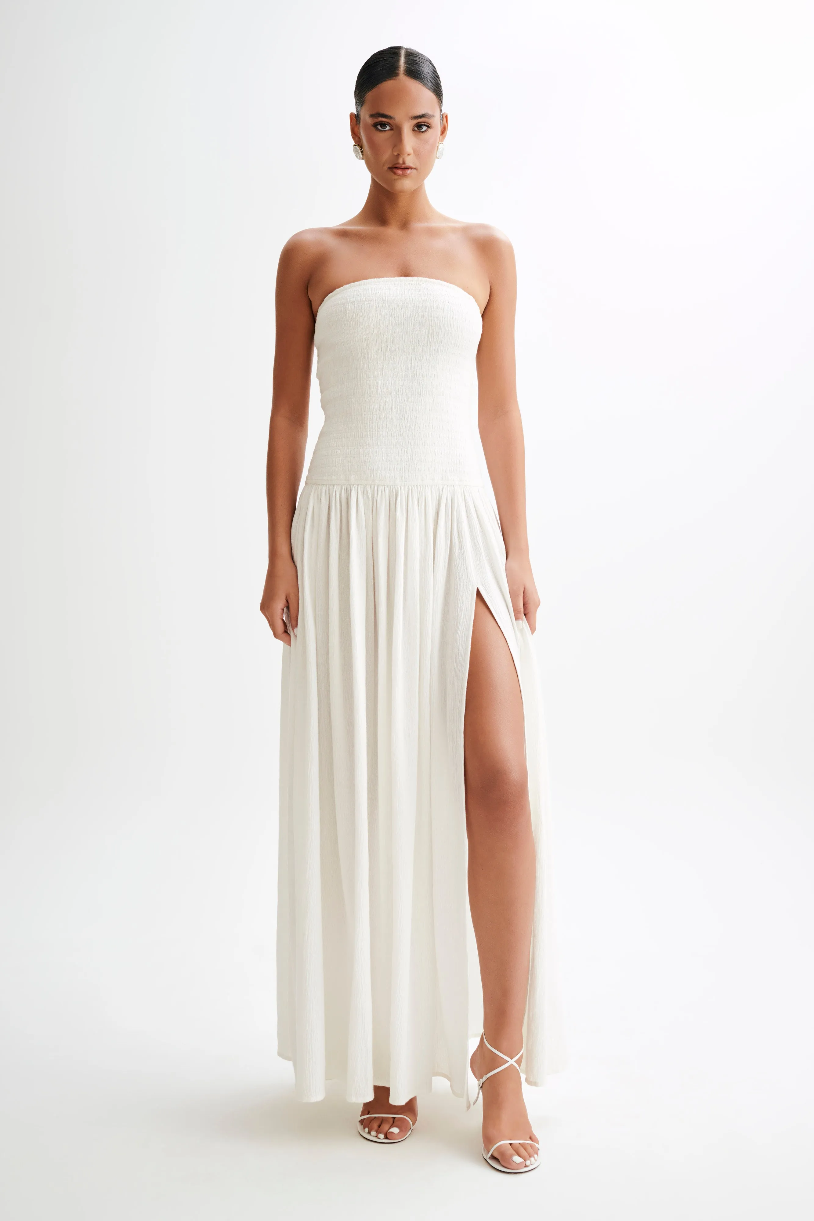 Maureen Cotton Shirring Maxi Dress - Ivory Straight-Cut Refined Finish