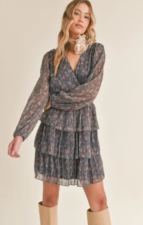 TIERED NAVY FLORAL DRESS Bohemian-Style Geometric-pattern