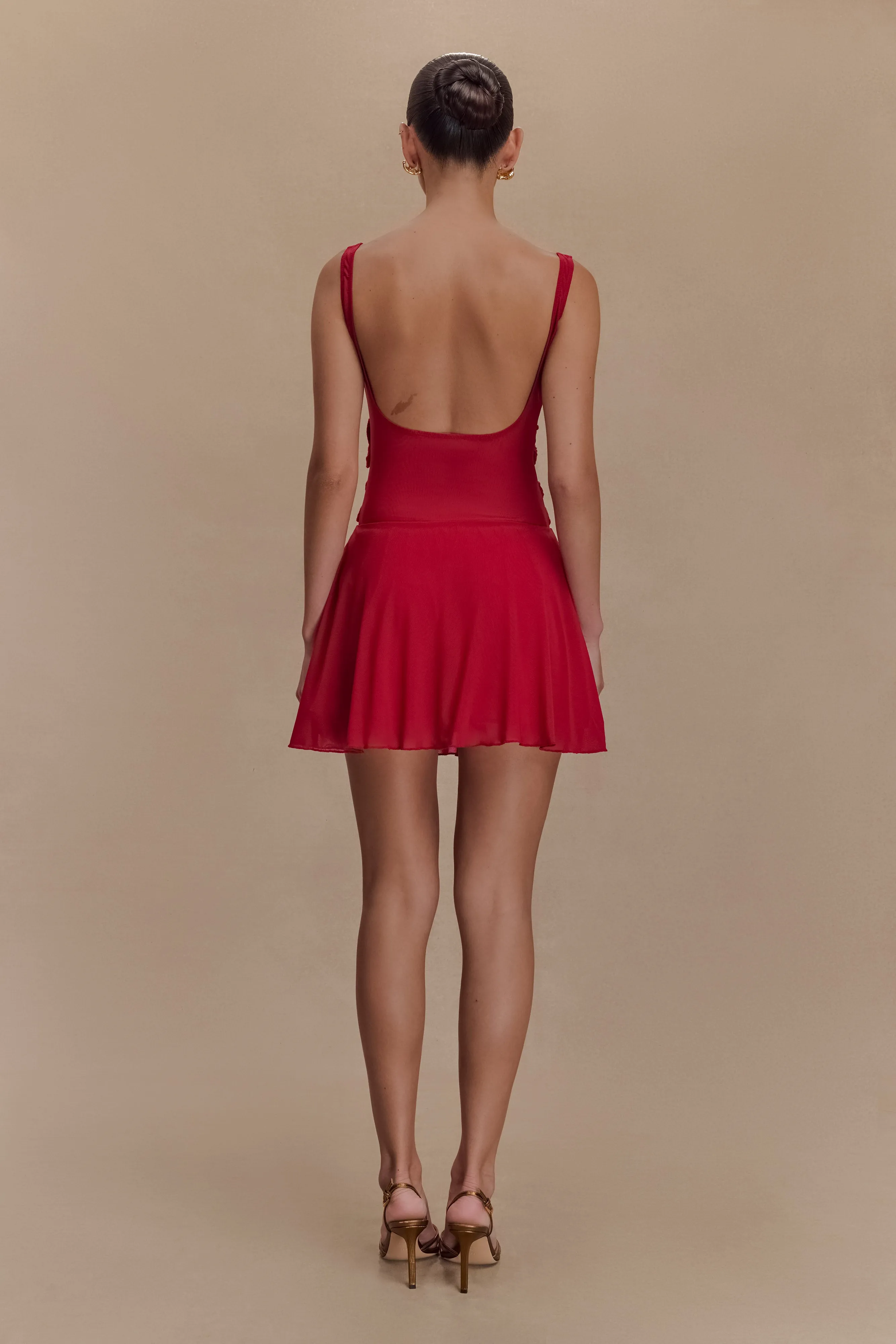 Chill Detail Bold Fashion Melanie Mesh Mini Dress With Flowers - Ruby