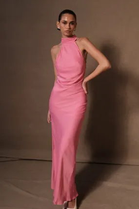 Edge Detail Claire Satin Drape Back Maxi Dress with Split - Pink