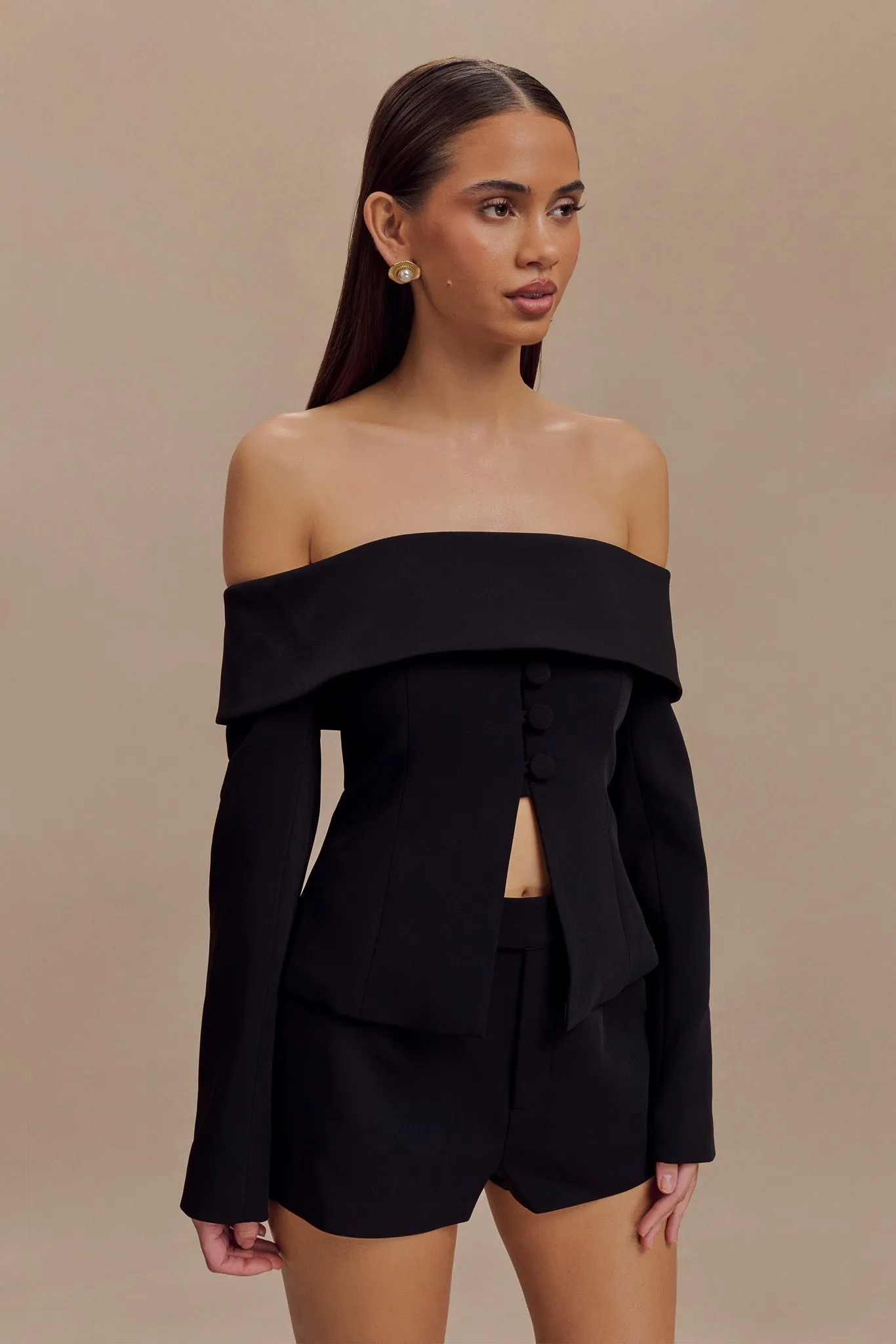 Celene Off Shoulder Jacket - Black Soft Touch ReflectiveDetails