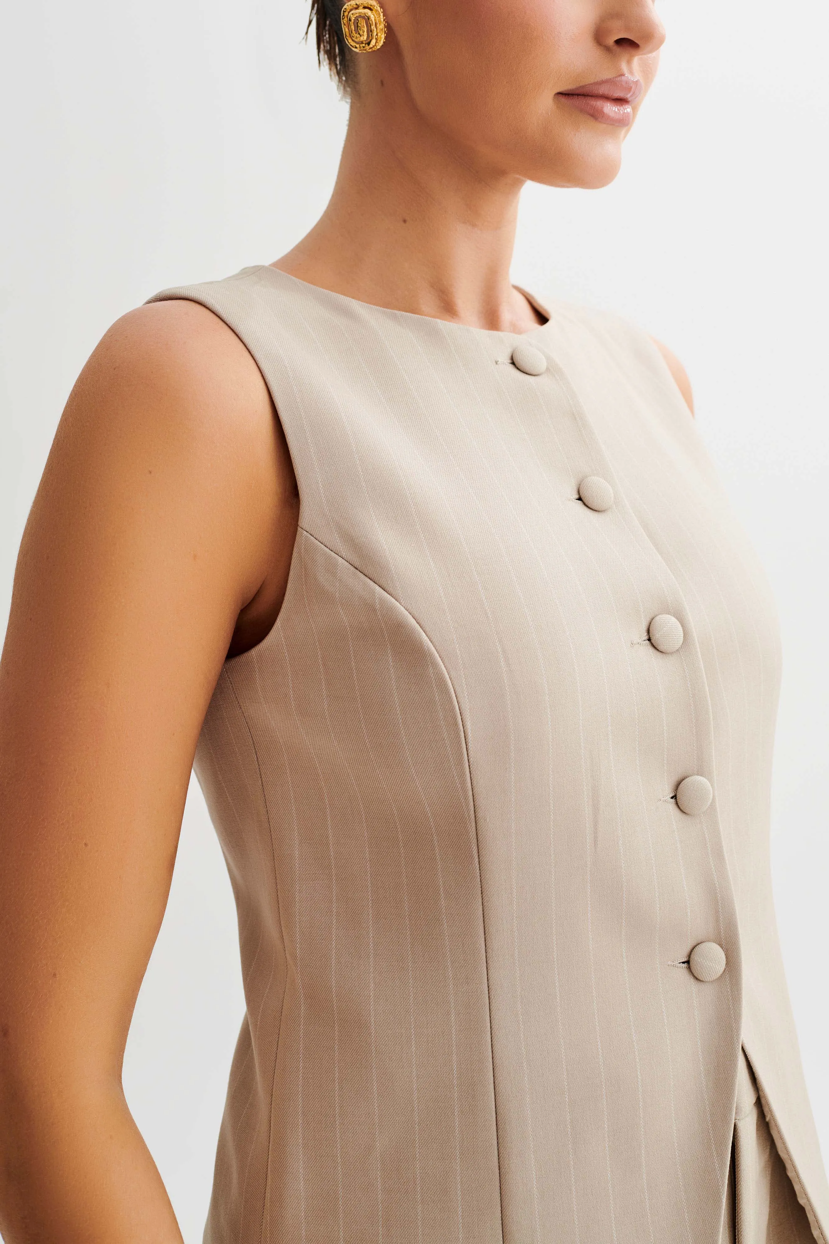 Tracey Suiting Vest - Taupe Pinstripe VentilatedArmholes Curved Hem Design