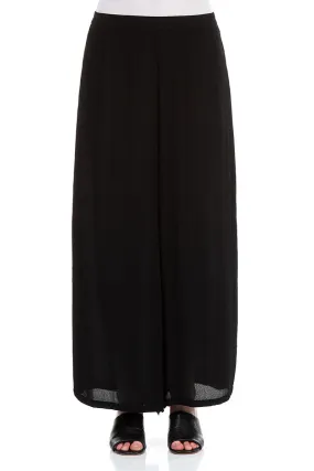 Embroidered Detail Soft Touch Material Wide Black Viscose Trousers