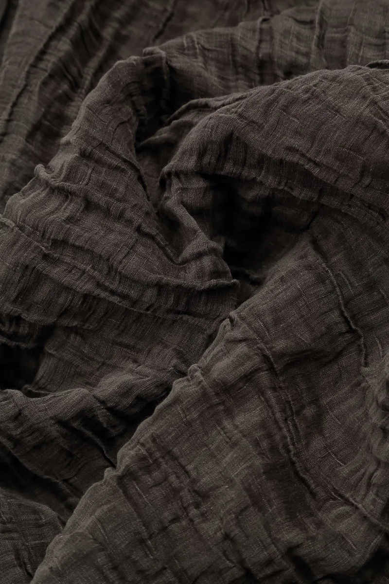 Ruching Details Balloon Shape Crinkled Forest Brown Silk Linen Skirt