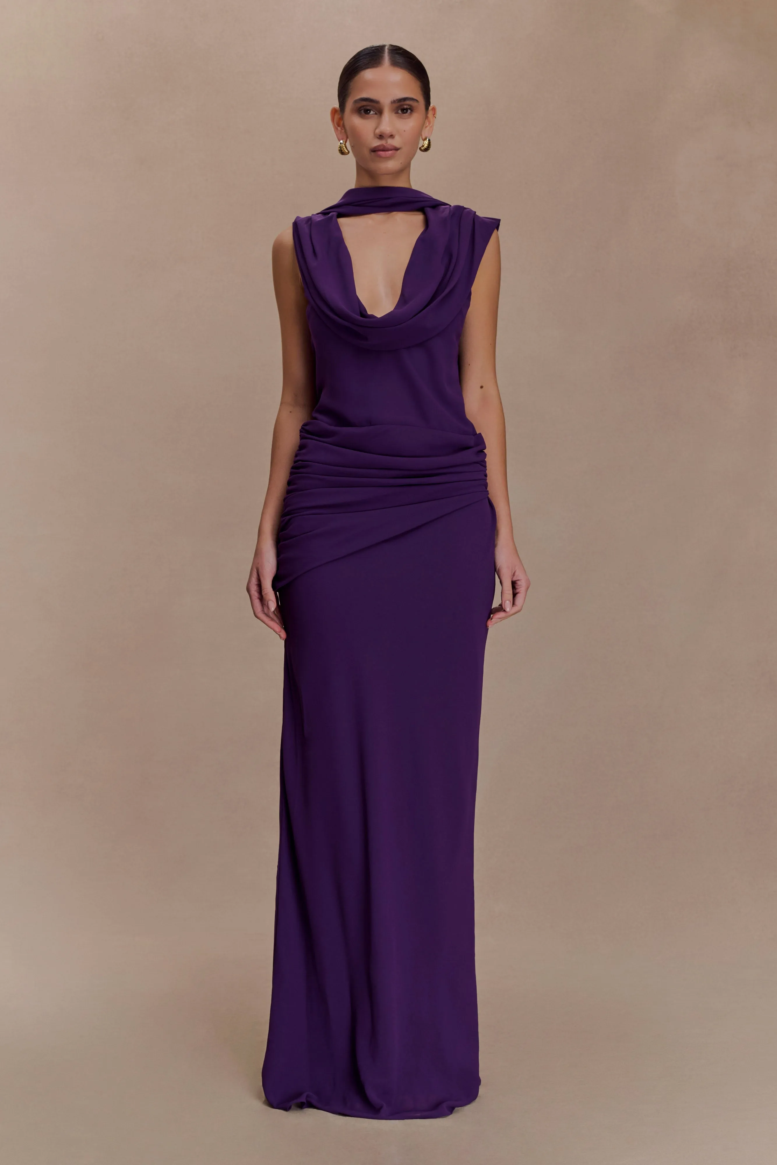 Giulia Chiffon Draped Maxi Dress - Purple Statement Mood Neat Finish
