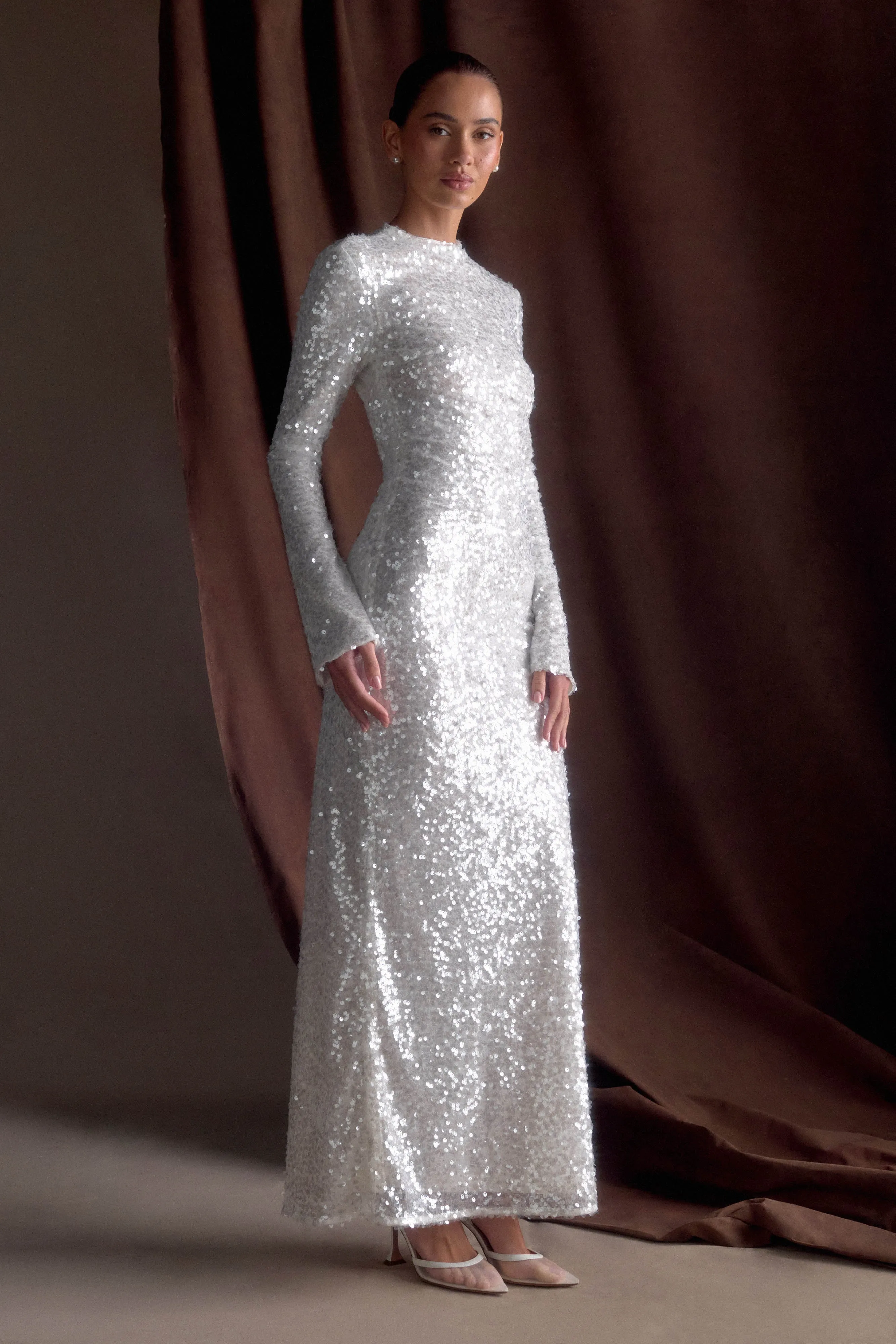 Flexible Fabric Guest Shine Sofia Long Sleeve Sequin Maxi Dress - White