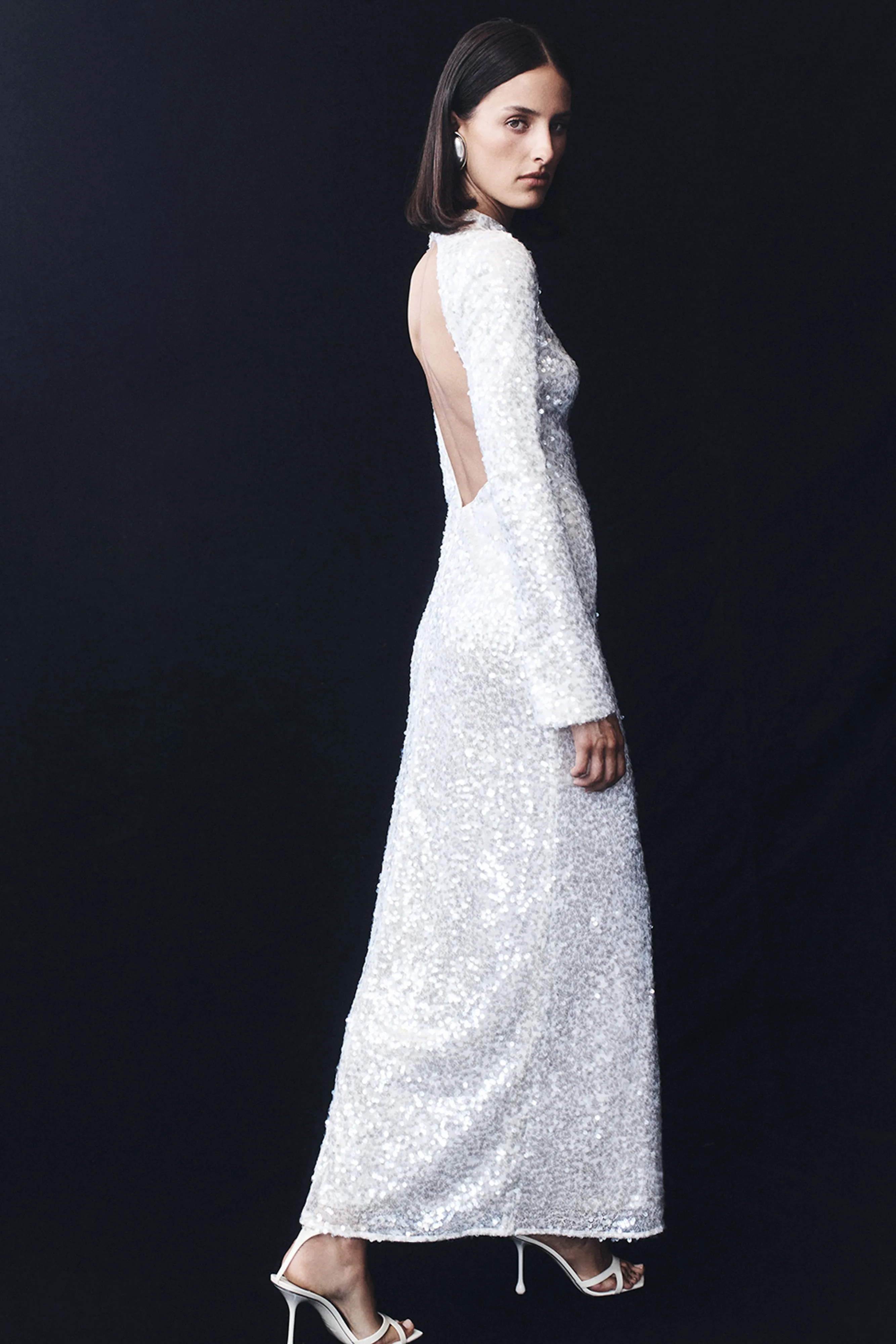 Sofia Long Sleeve Sequin Maxi Dress - White Scalloped-Edge Family Warm