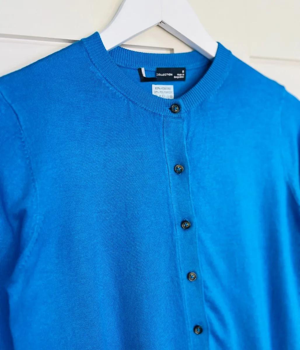 Turquoise Classic Round Neck Cardigan Stylish Knit Look Sleek Stretch Fit