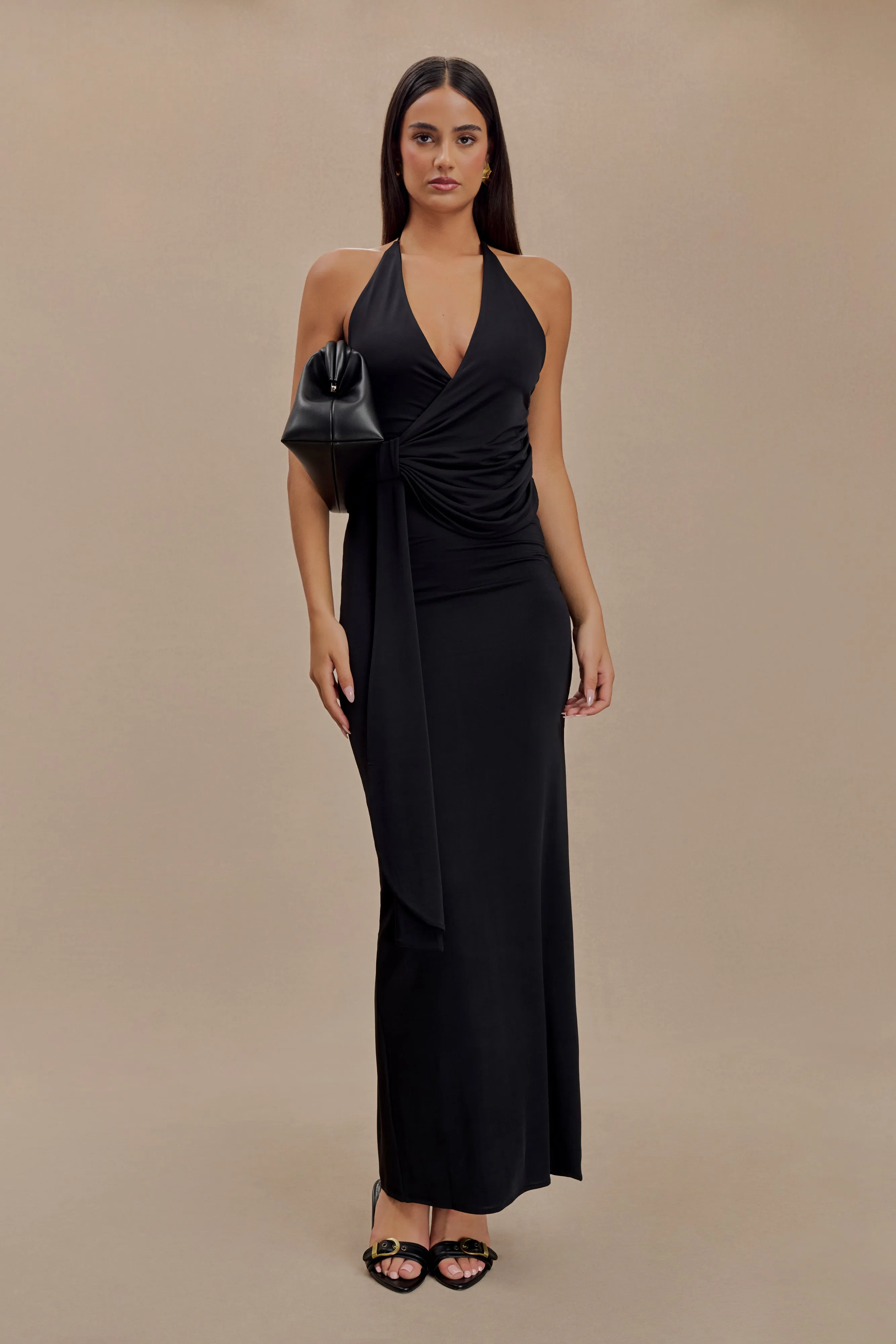 Day Outfit Chilly Day Layers Tyla Draped Slinky Halter Maxi Dress - Black