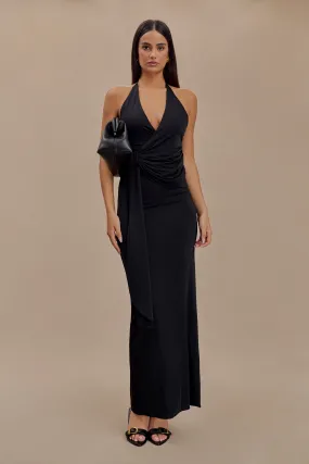 Day Outfit Chilly Day Layers Tyla Draped Slinky Halter Maxi Dress - Black