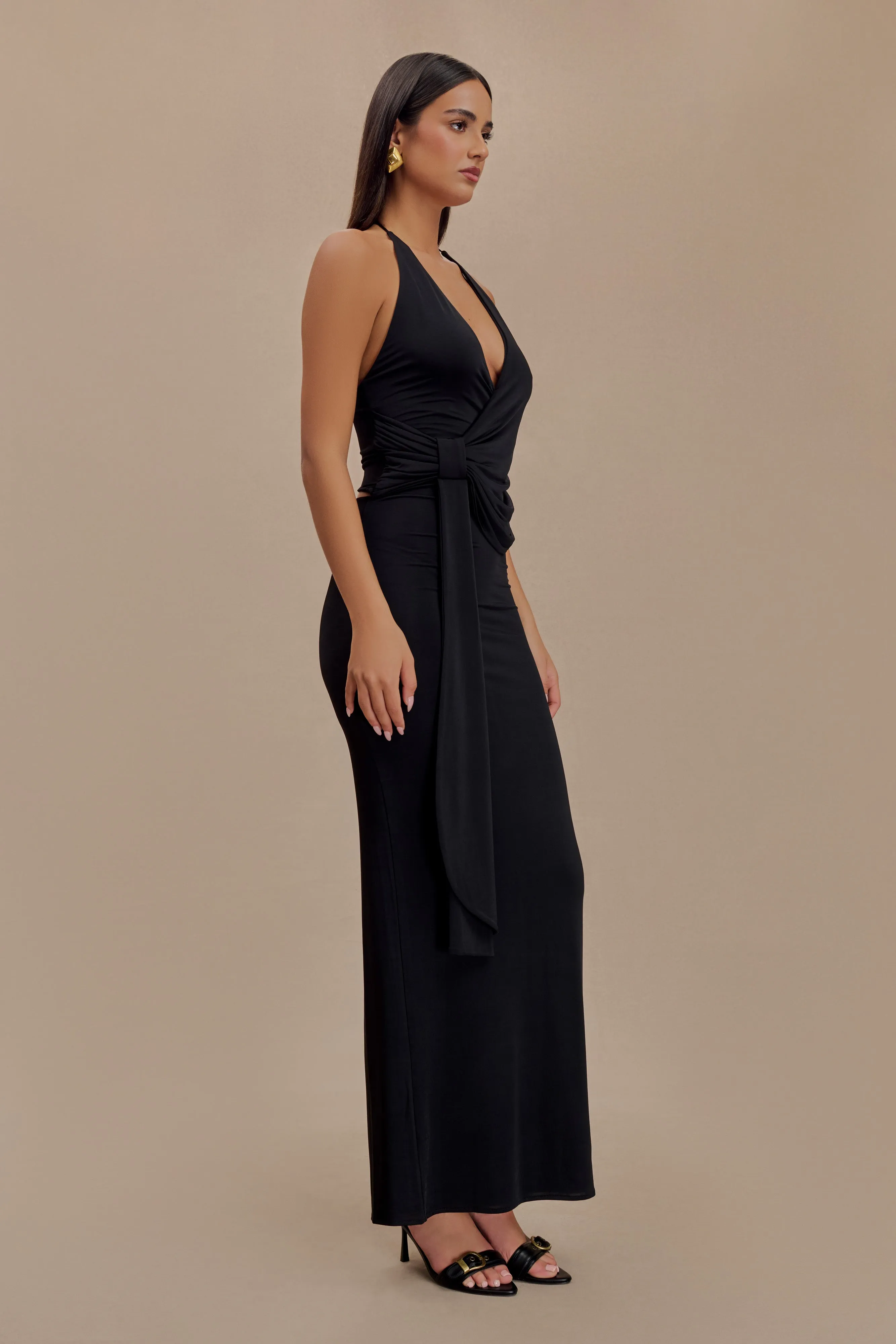 Tyla Draped Slinky Halter Maxi Dress - Black Subtle tone