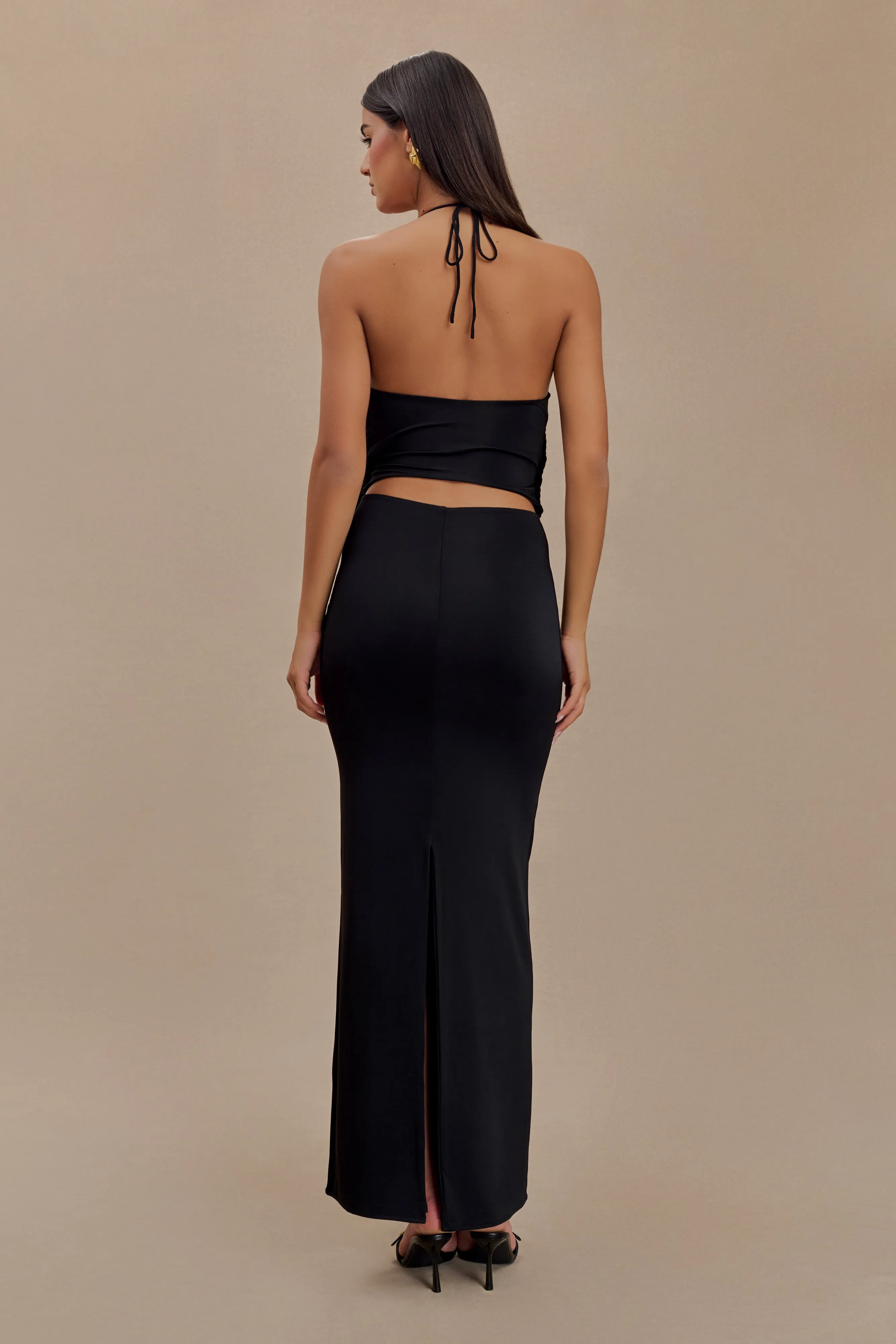 Zip Closure Cozy Drape Tyla Draped Slinky Halter Maxi Dress - Black
