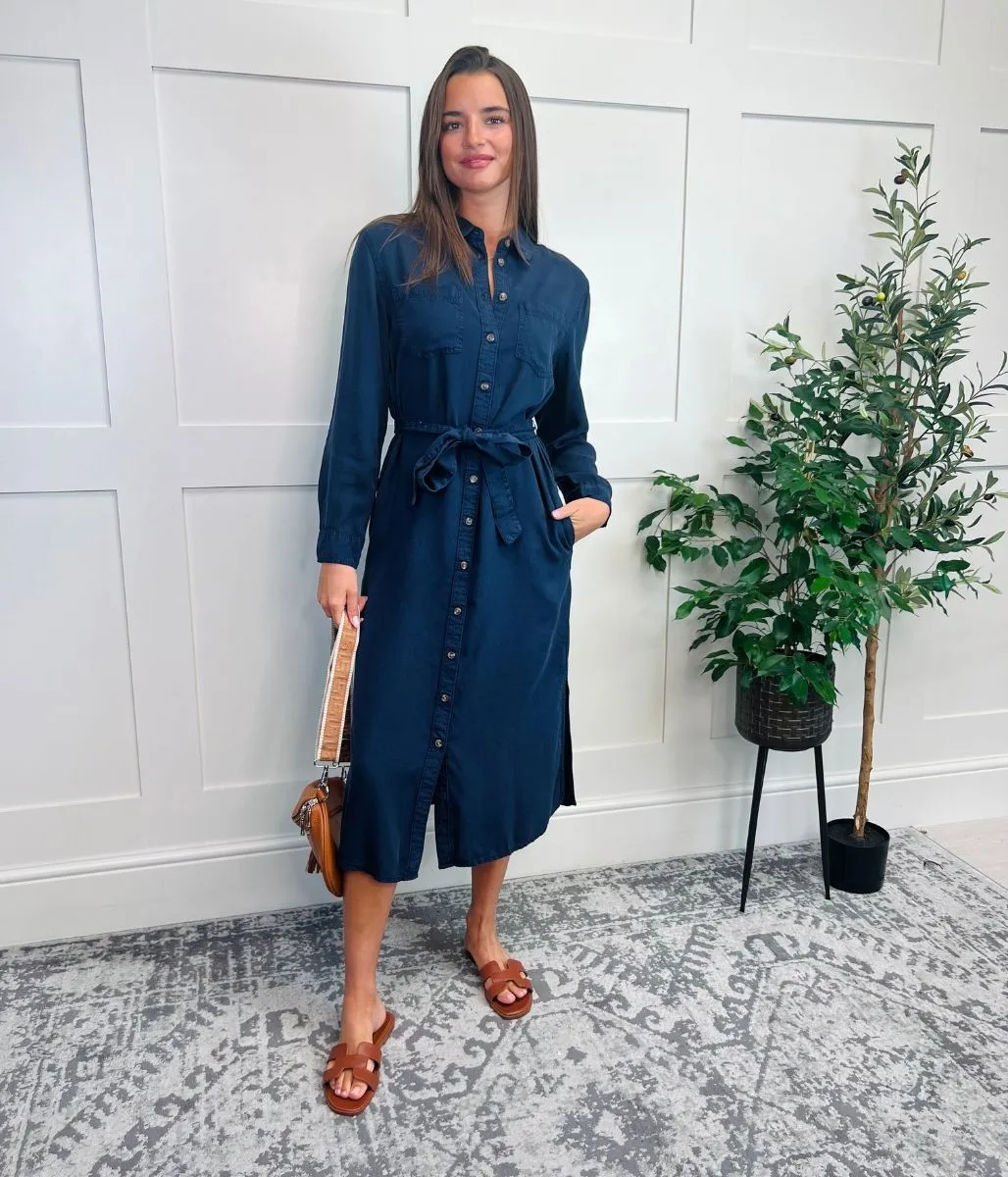 Perfect for Travel Navy Tencel Belted Midi Shirt Dress