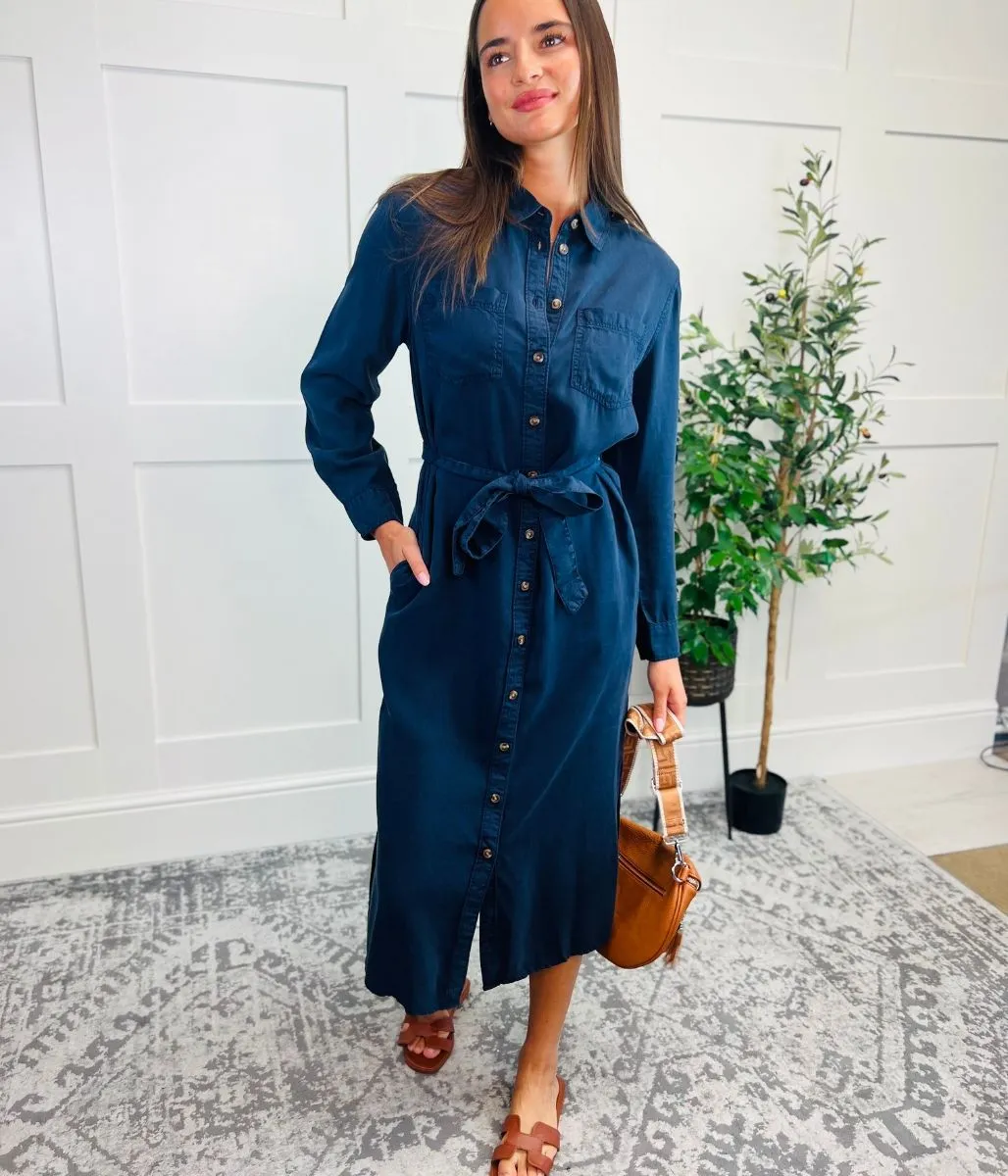 Navy Tencel Belted Midi Shirt Dress Pastel Sky Modern Movement