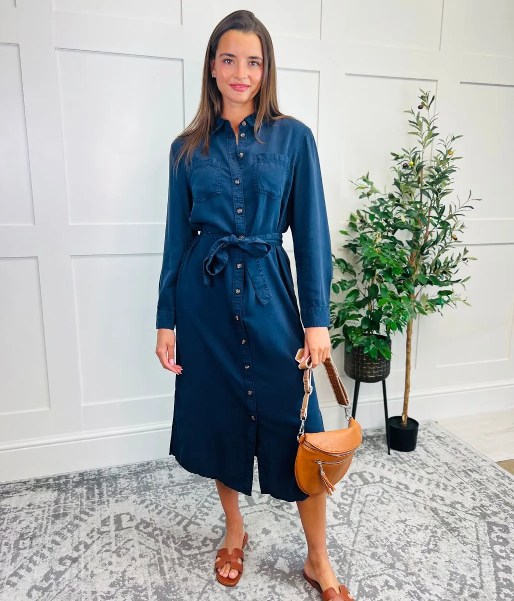 Office Mood Evening Glow Navy Tencel Belted Midi Shirt Dress
