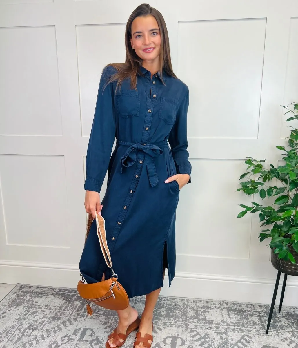 Light Fabrication Navy Tencel Belted Midi Shirt Dress