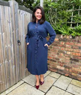 Navy Tencel Belted Midi Shirt Dress Relax Feel