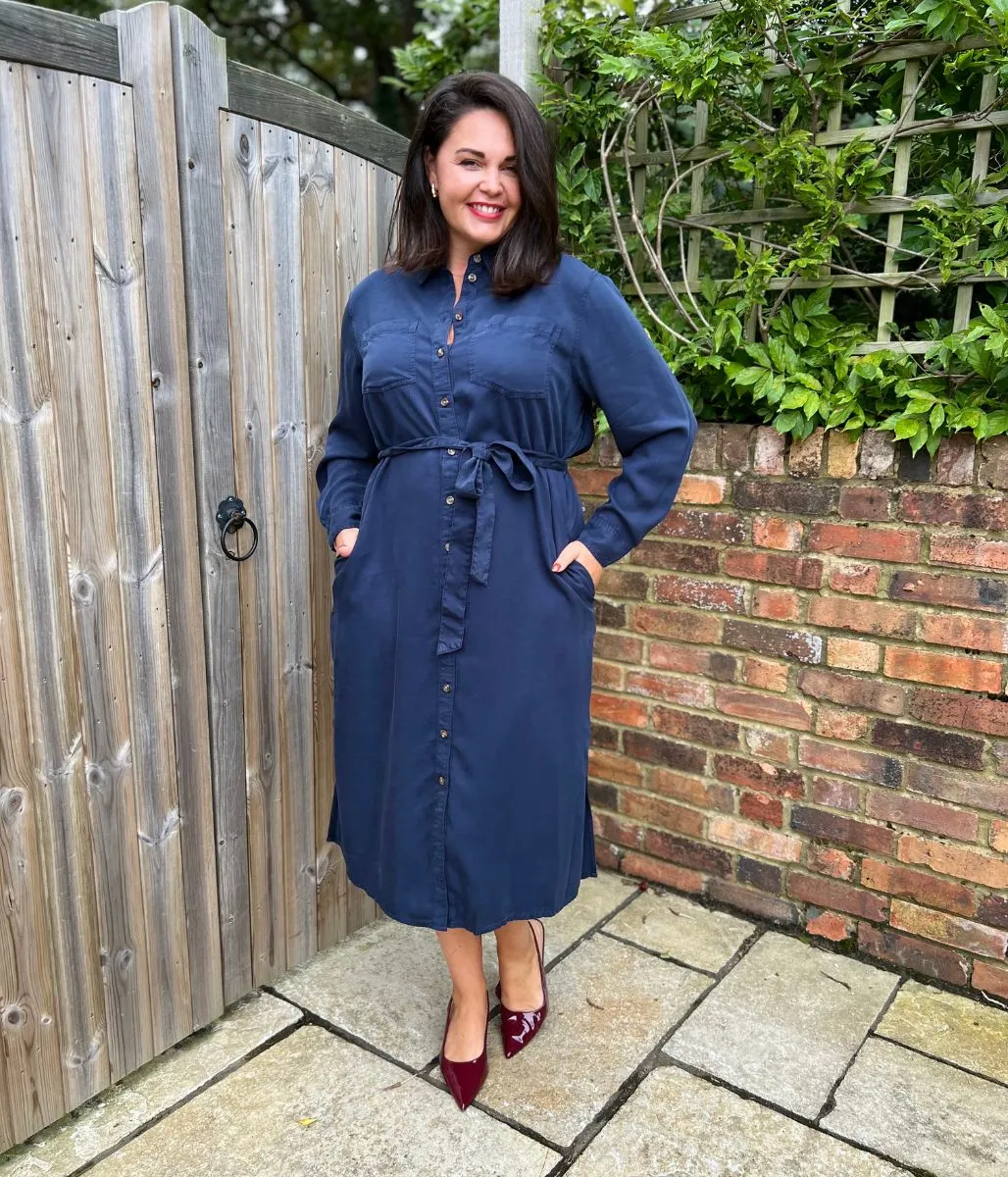 Navy Tencel Belted Midi Shirt Dress Relax Feel