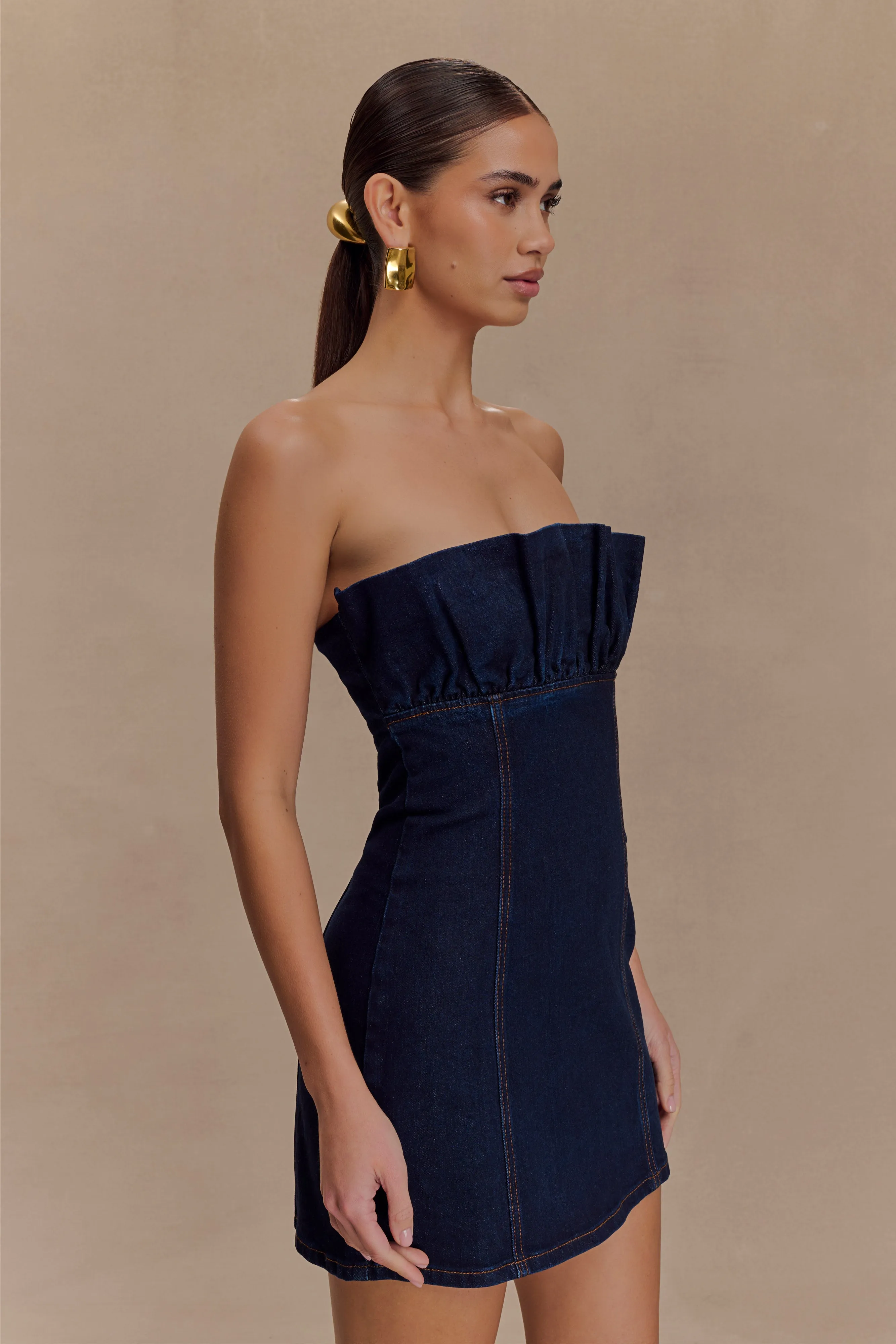 Fluid Cut Raesha Frill Denim Mini Dress - Indigo Blue