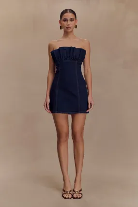 Raesha Frill Denim Mini Dress - Indigo Blue Seamless Finish Layered Volume