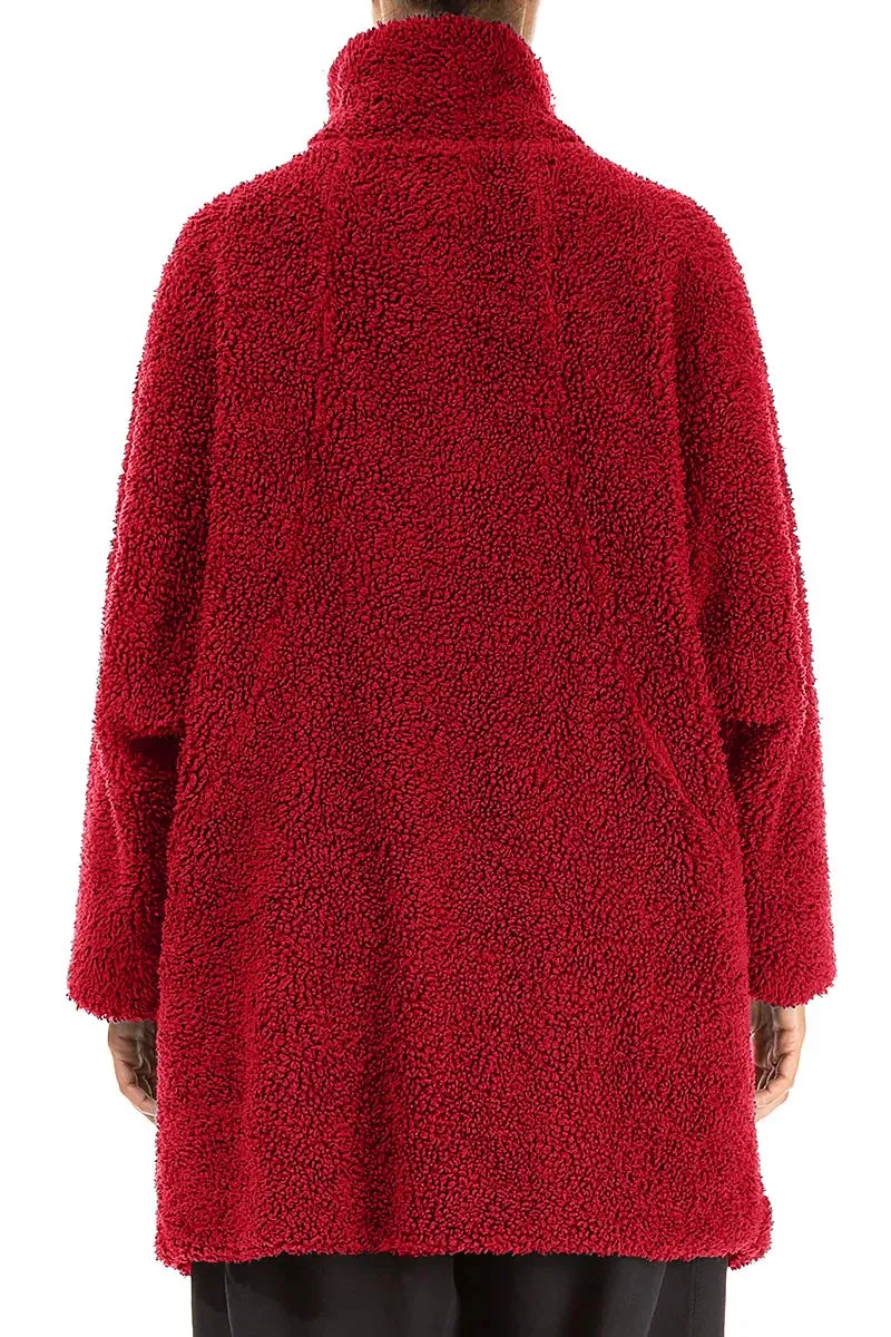 High Neck Bonded Edge Finish Cherry Red Teddy Cotton Coat