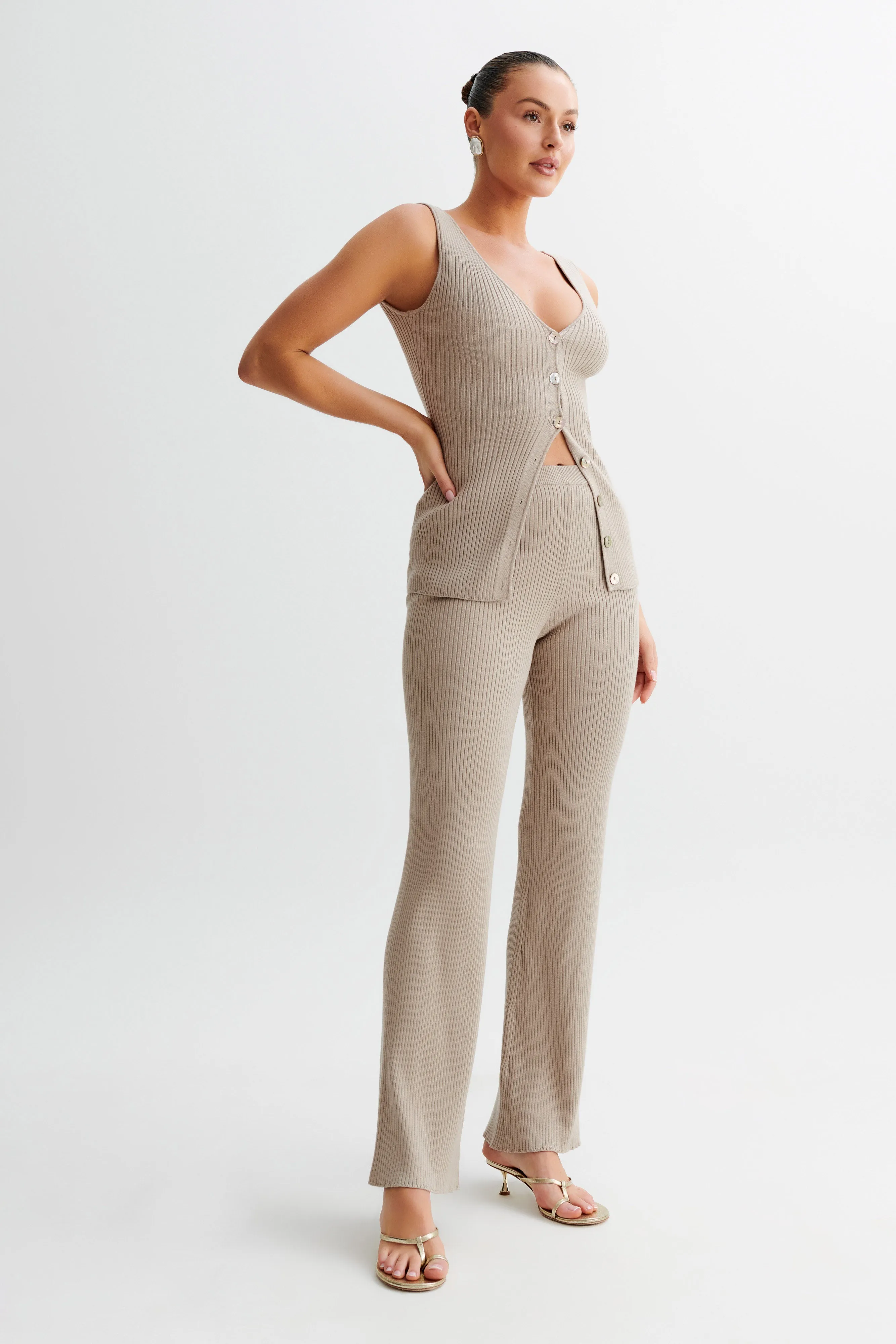 Hidden Button Placket Calypso Knit Longline Vest - Tawny Grey