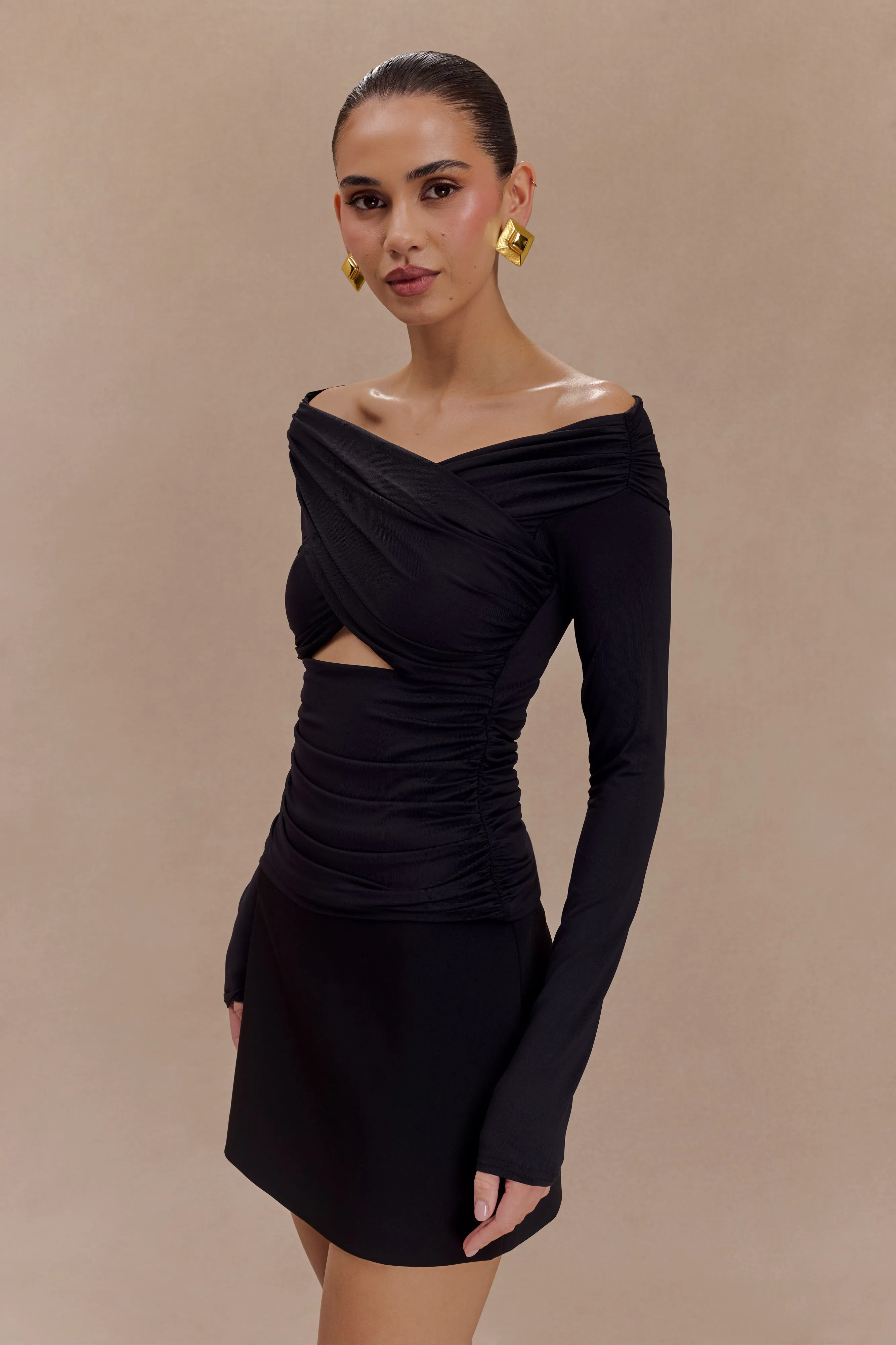 Reinforced Shoulder Seams MoistureWicking Fabric Jaden Off Shoulder Recycled Nylon Top - Black