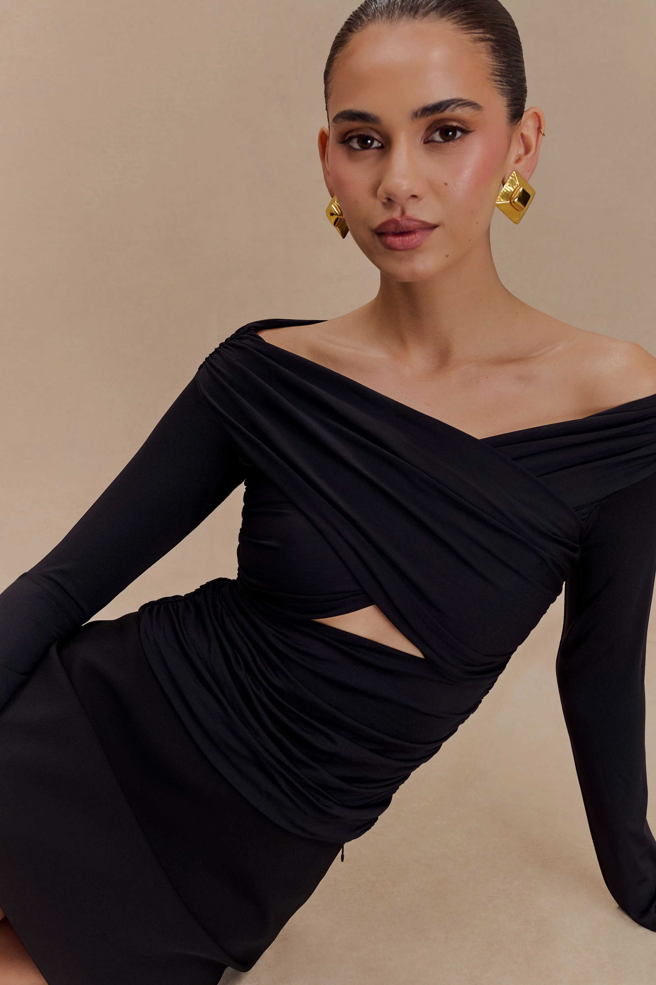 Jaden Off Shoulder Recycled Nylon Top - Black Contrast Stitch Detailing