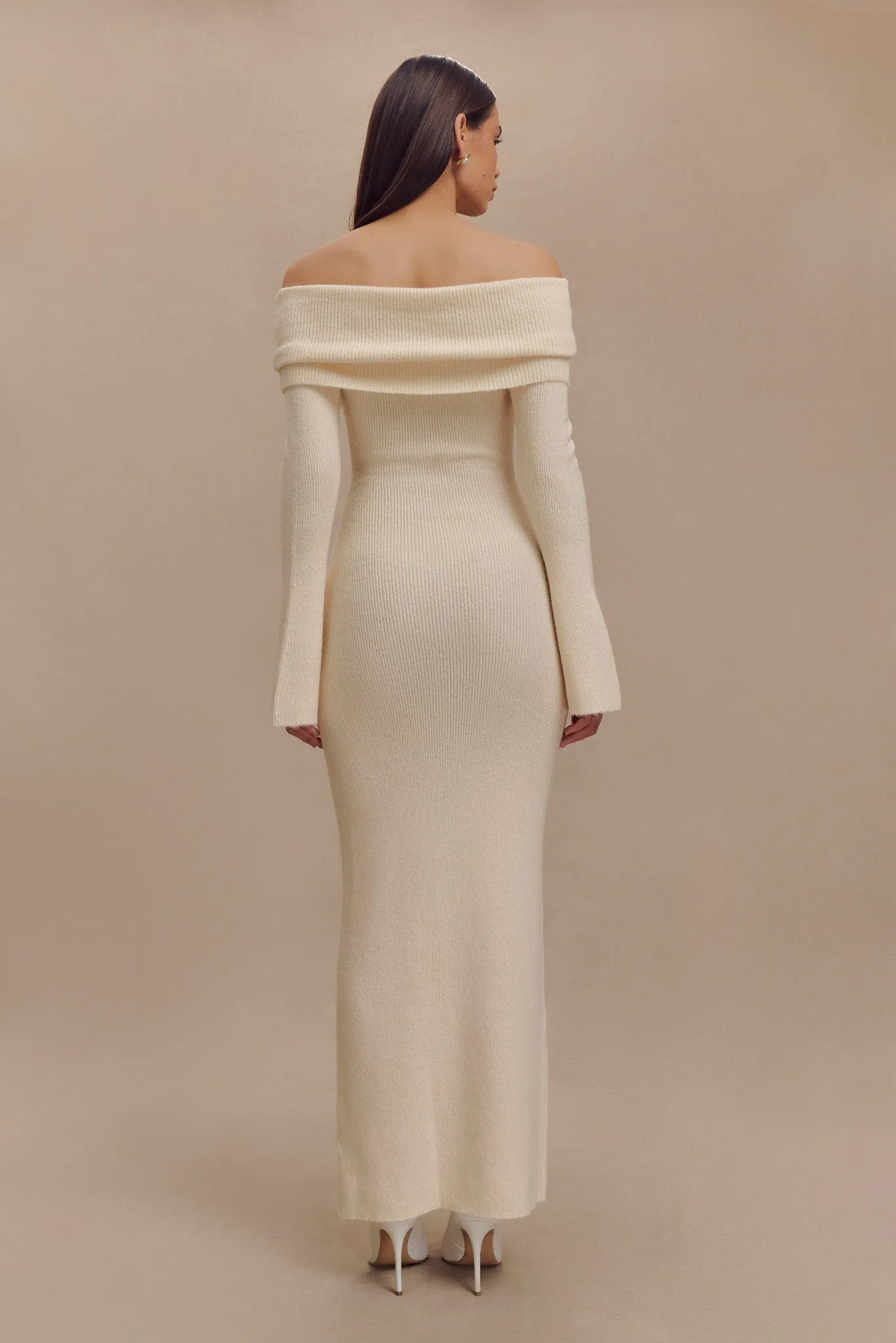 Smooth Outline Front-Slit Katherine Off Shoulder Knit Maxi Dress - Ivory