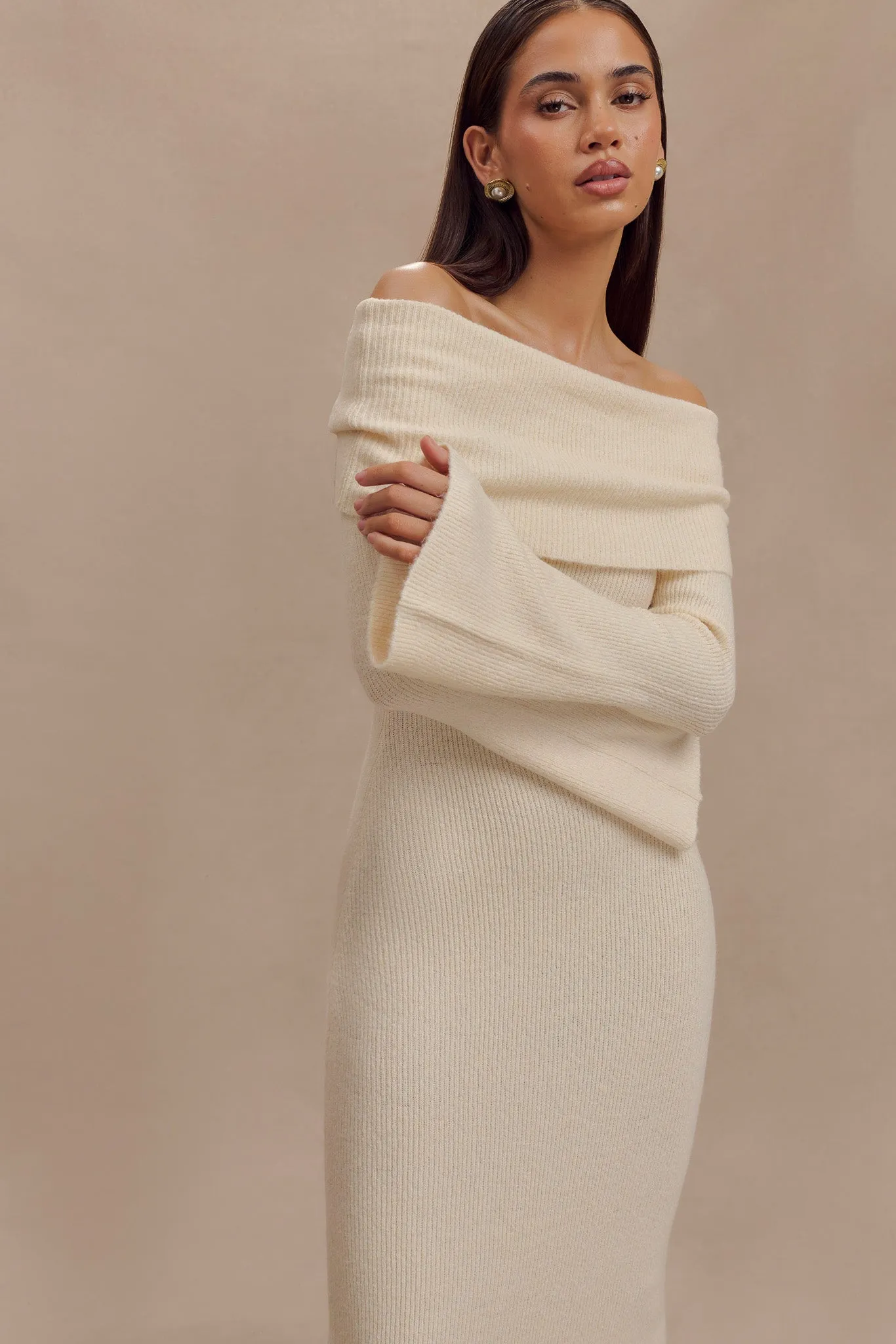 Katherine Off Shoulder Knit Maxi Dress - Ivory Casual Lines Breathable wear