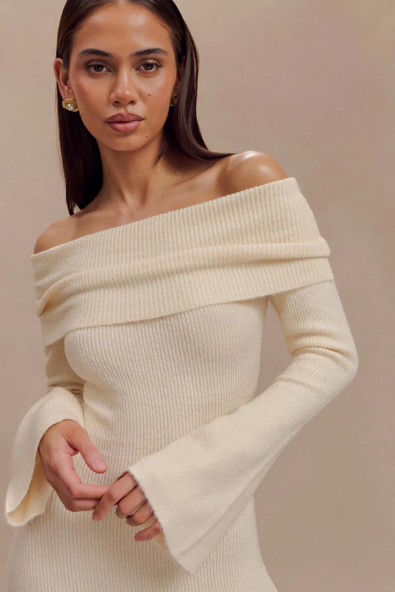 Katherine Off Shoulder Knit Maxi Dress - Ivory High Cut
