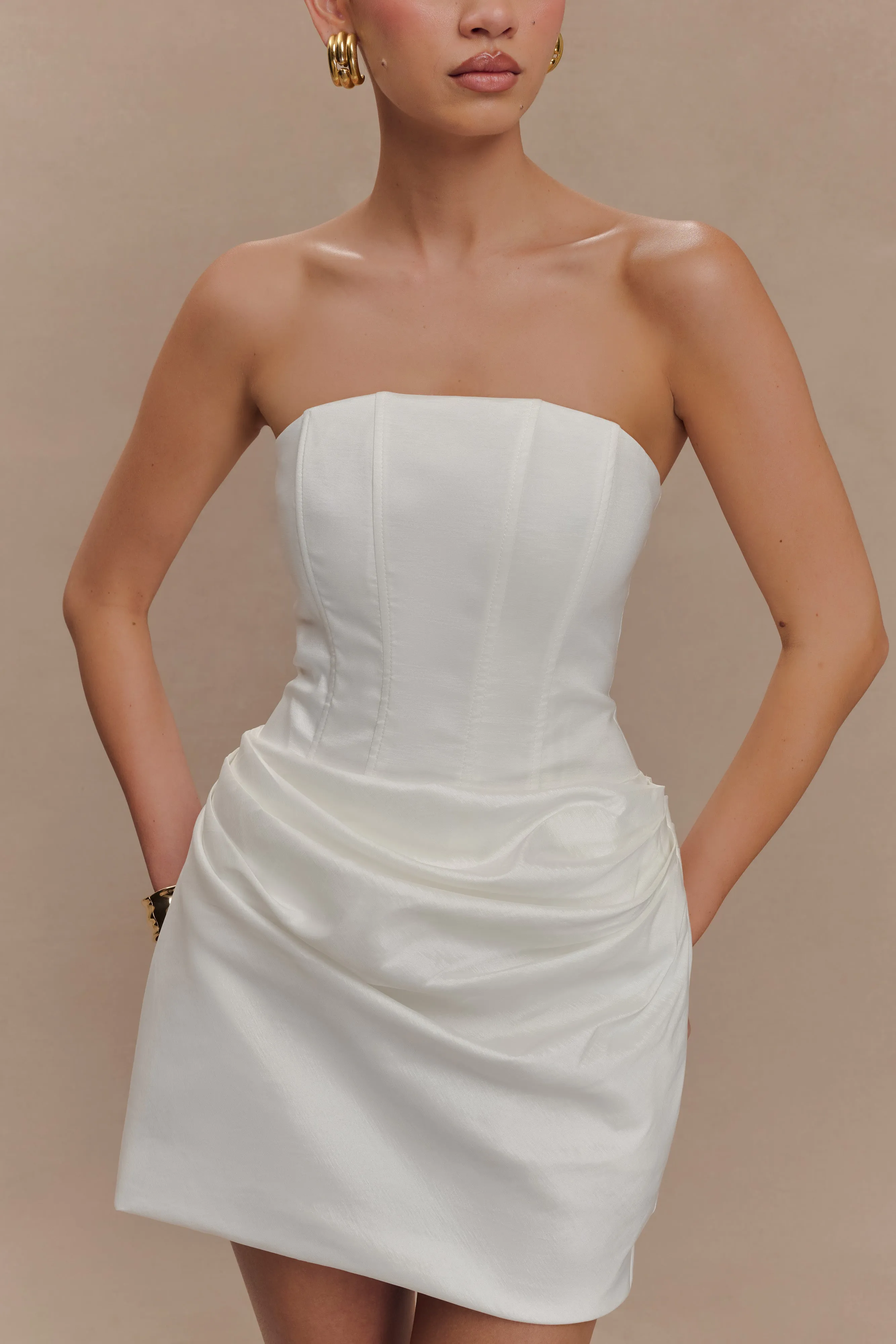 Sasha Taffeta Strapless Corset Mini Dress - White Lace-Trim Soft Glide