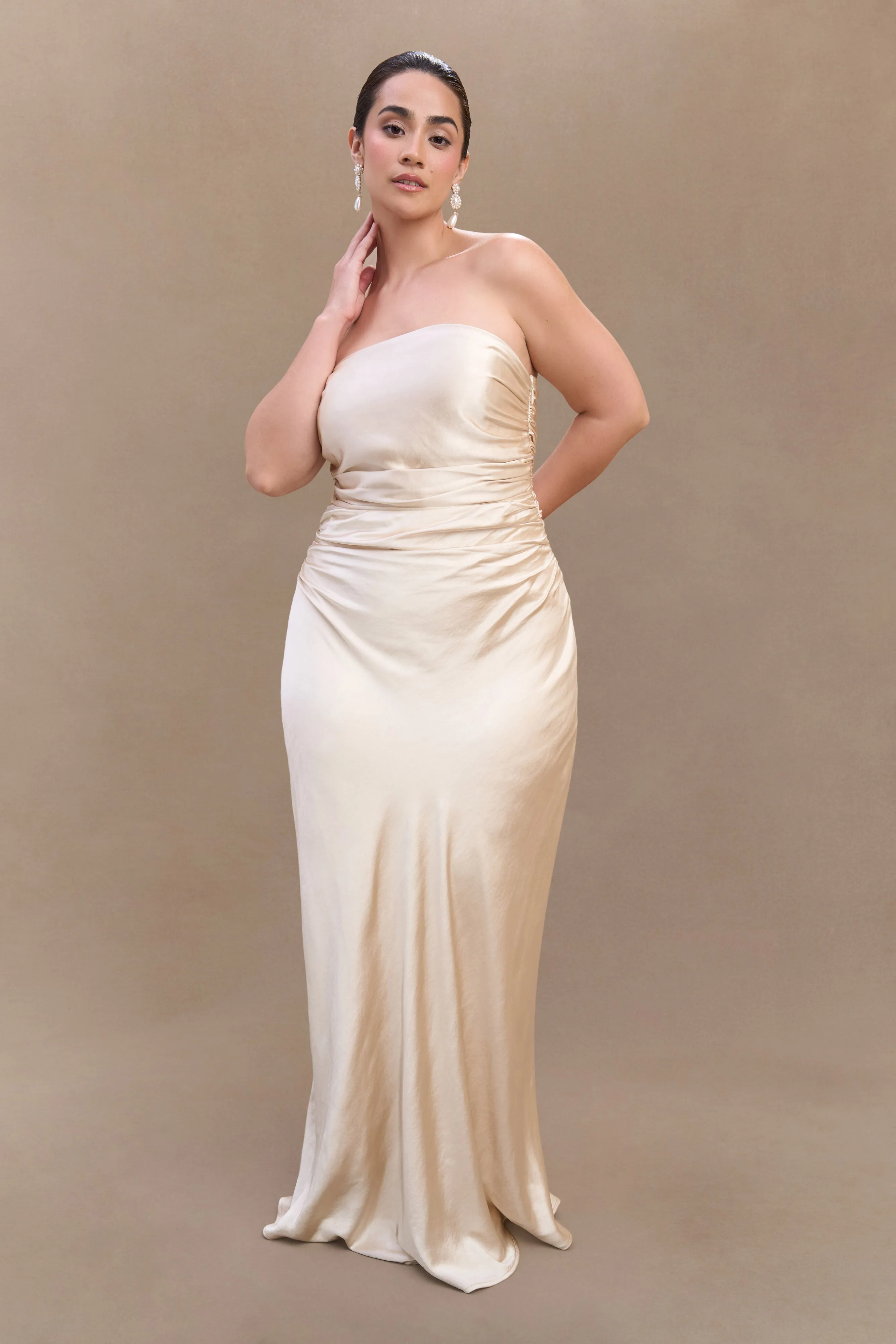 Cedar Strapless Satin Maxi Dress - Blush Gold Modern Fit Sophisticated Touch