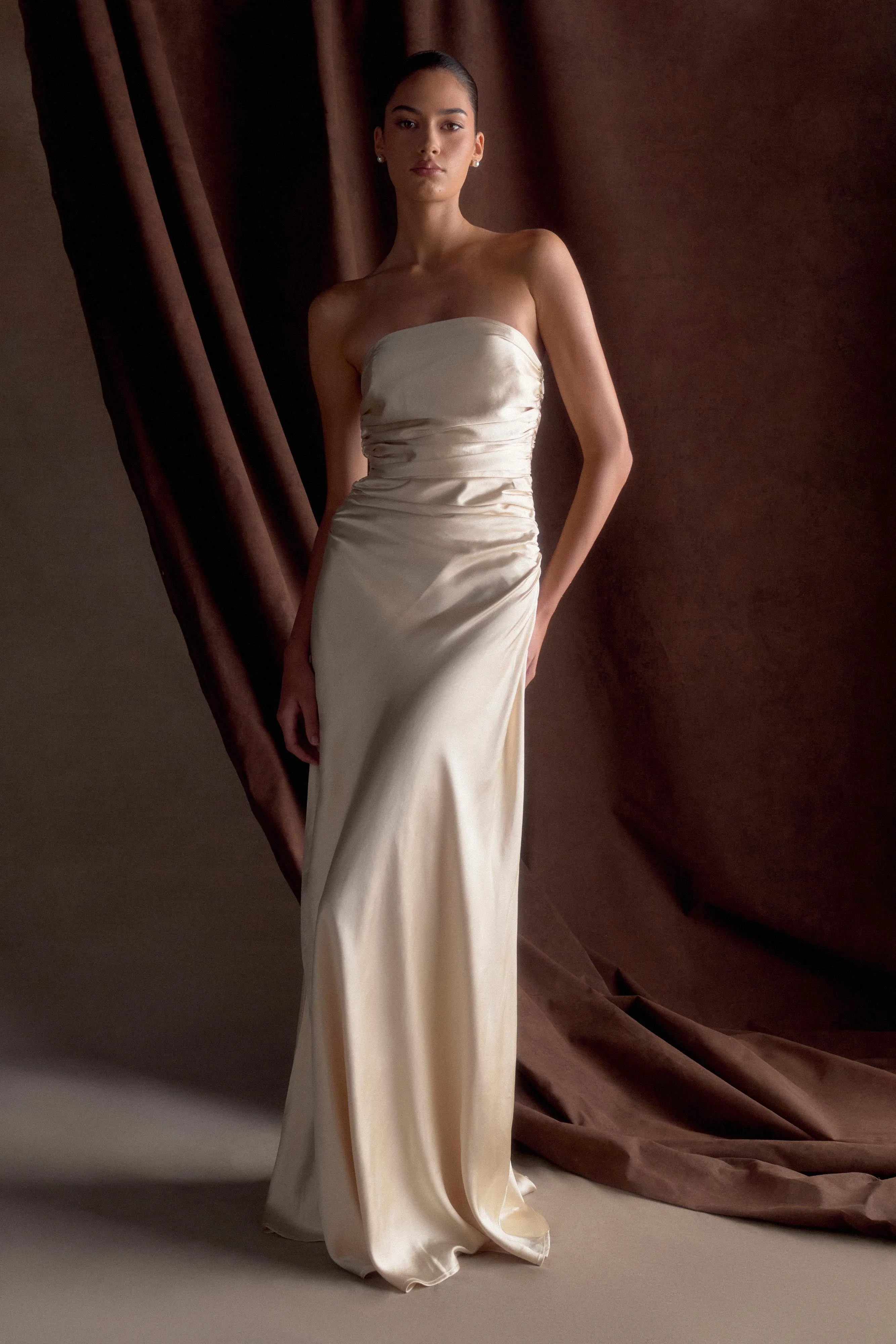 Summer Wardrobe Elegant brunch outfit Cedar Strapless Satin Maxi Dress - Blush Gold