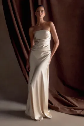Summer Wardrobe Elegant brunch outfit Cedar Strapless Satin Maxi Dress - Blush Gold