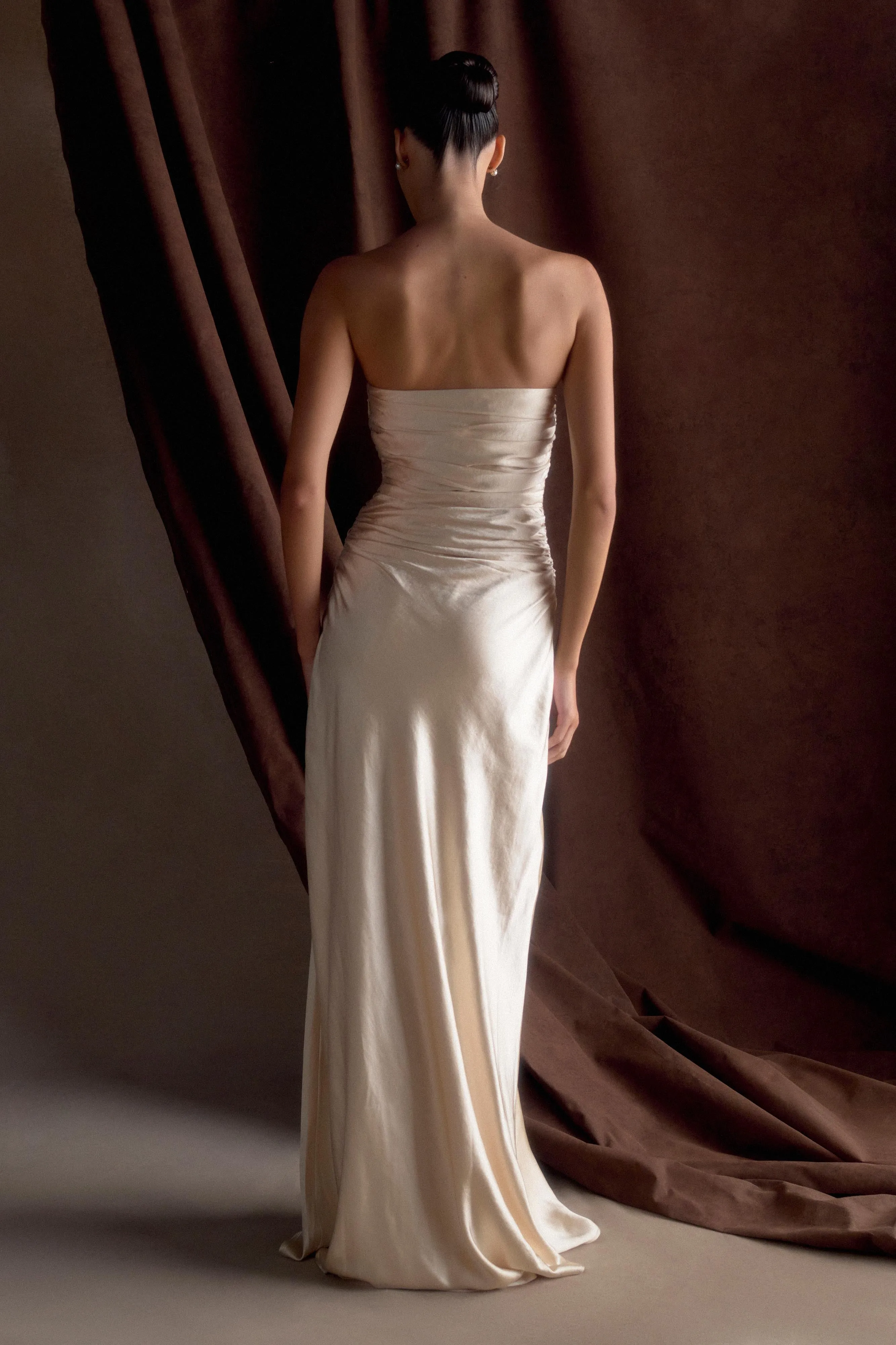 Contemporary Style Cedar Strapless Satin Maxi Dress - Blush Gold