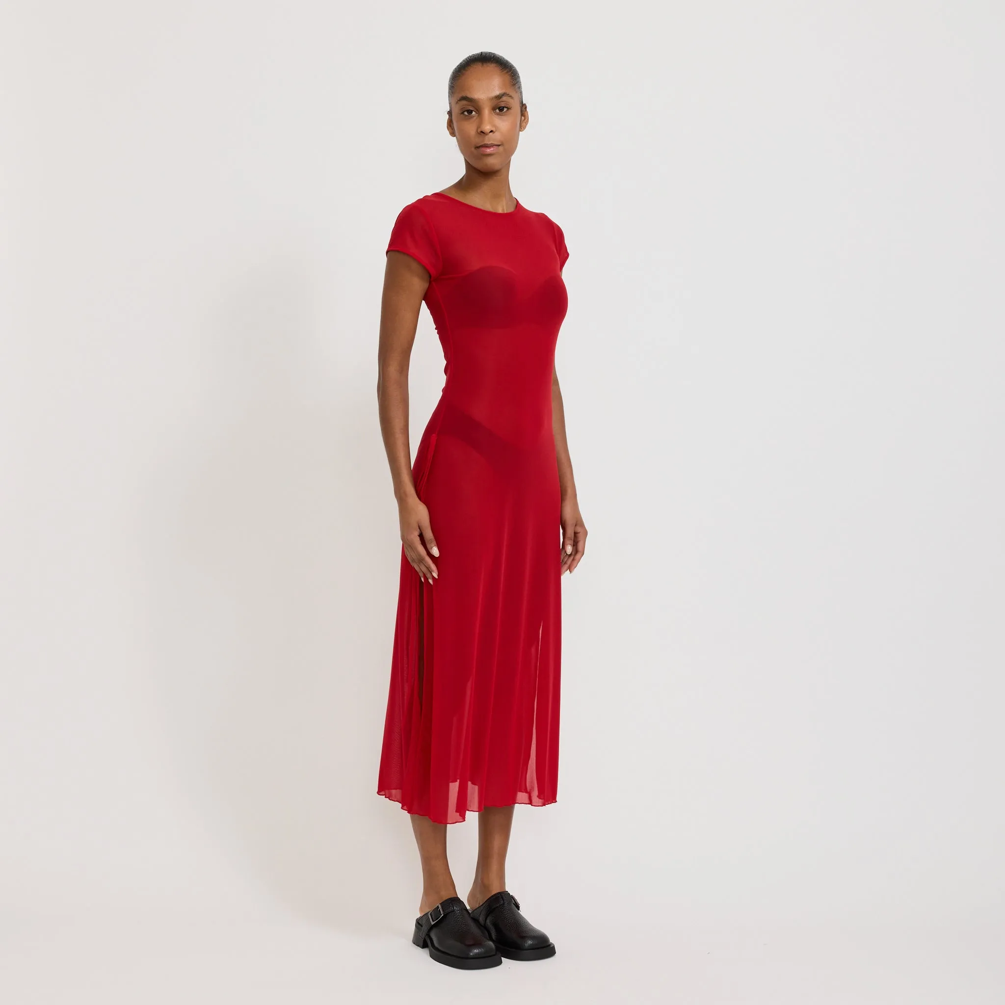 Korean Power Mesh Bow Midi Dress Red Autumn Look