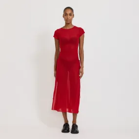 Winter-Season Soft Shine Korean Power Mesh Bow Midi Dress Red