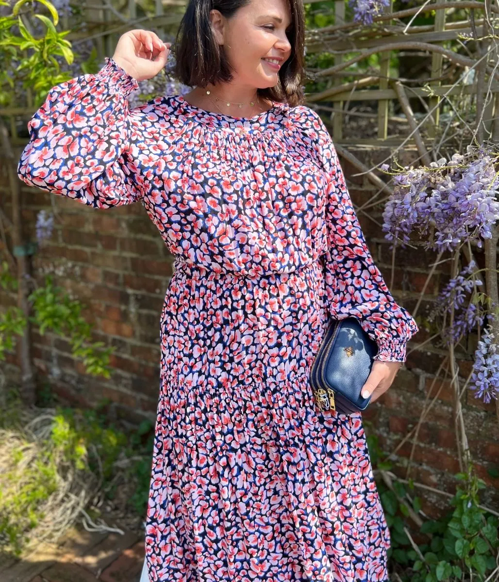 Romantic Bloom Animal Print Blue & Pink Midi Dress