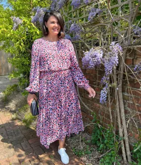 Travel-Style Animal Print Blue & Pink Midi Dress