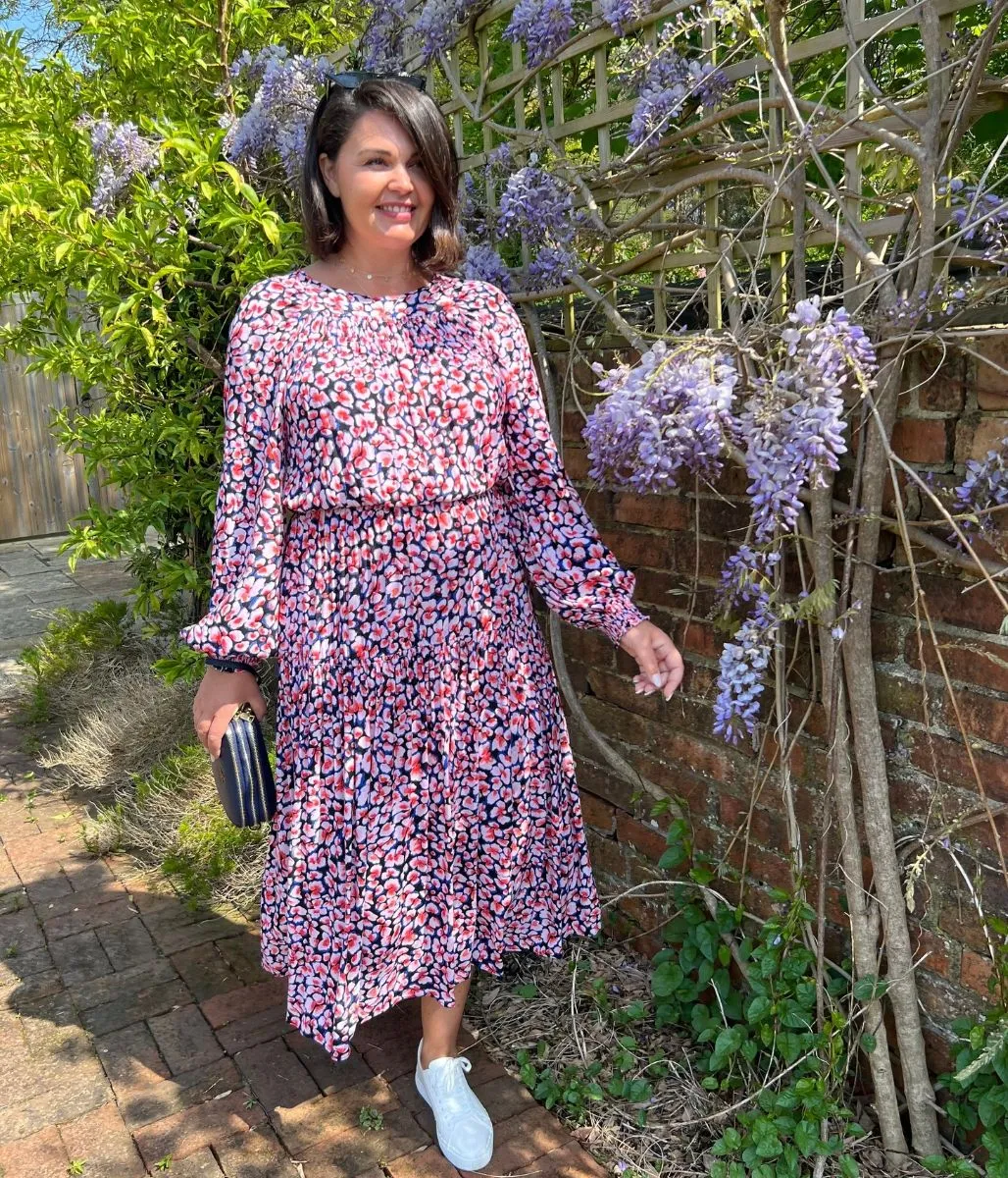 Travel-Style Animal Print Blue & Pink Midi Dress