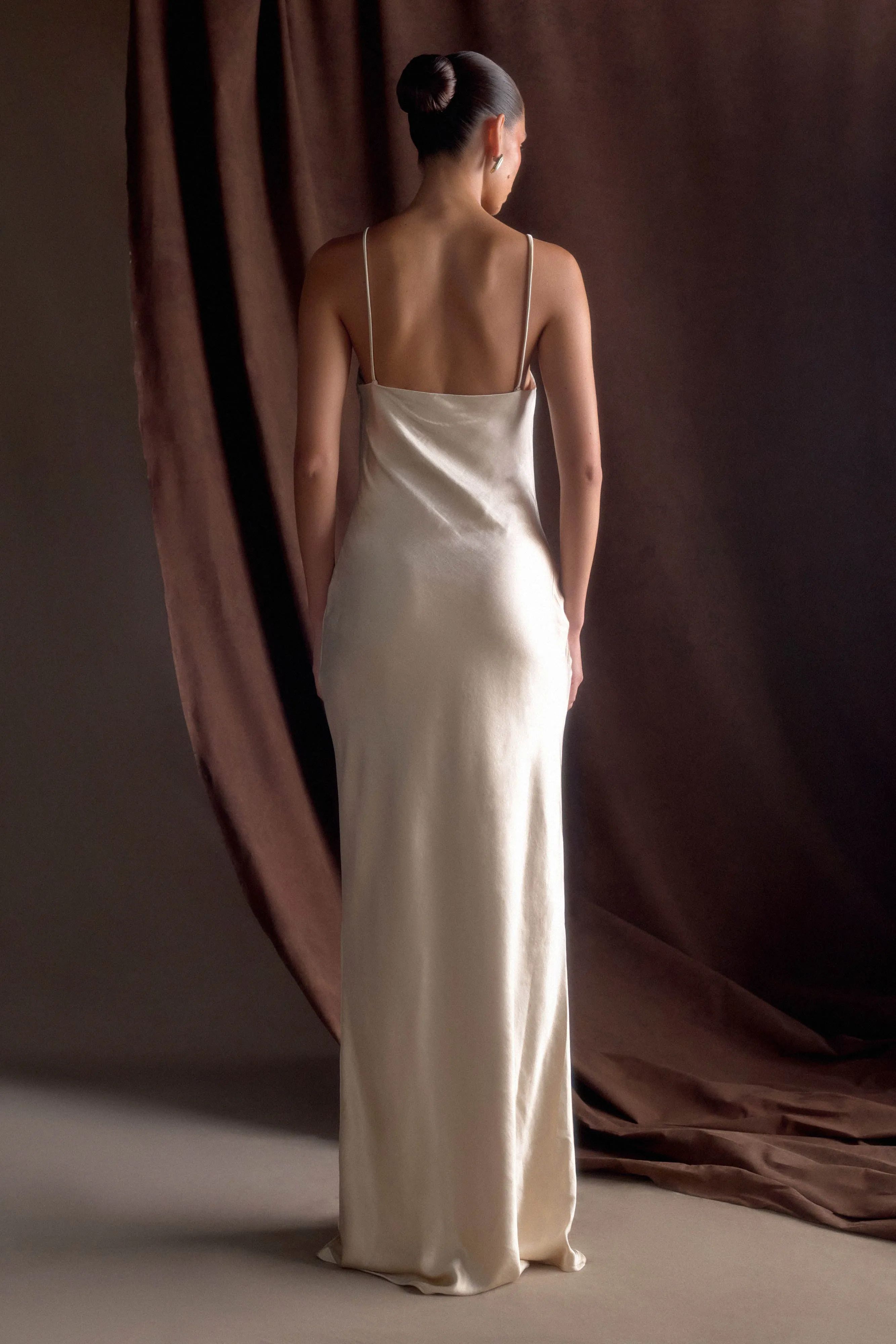 Lilly Sweetheart Satin Maxi Dress - Blush Gold Shade Soft Aura Glow