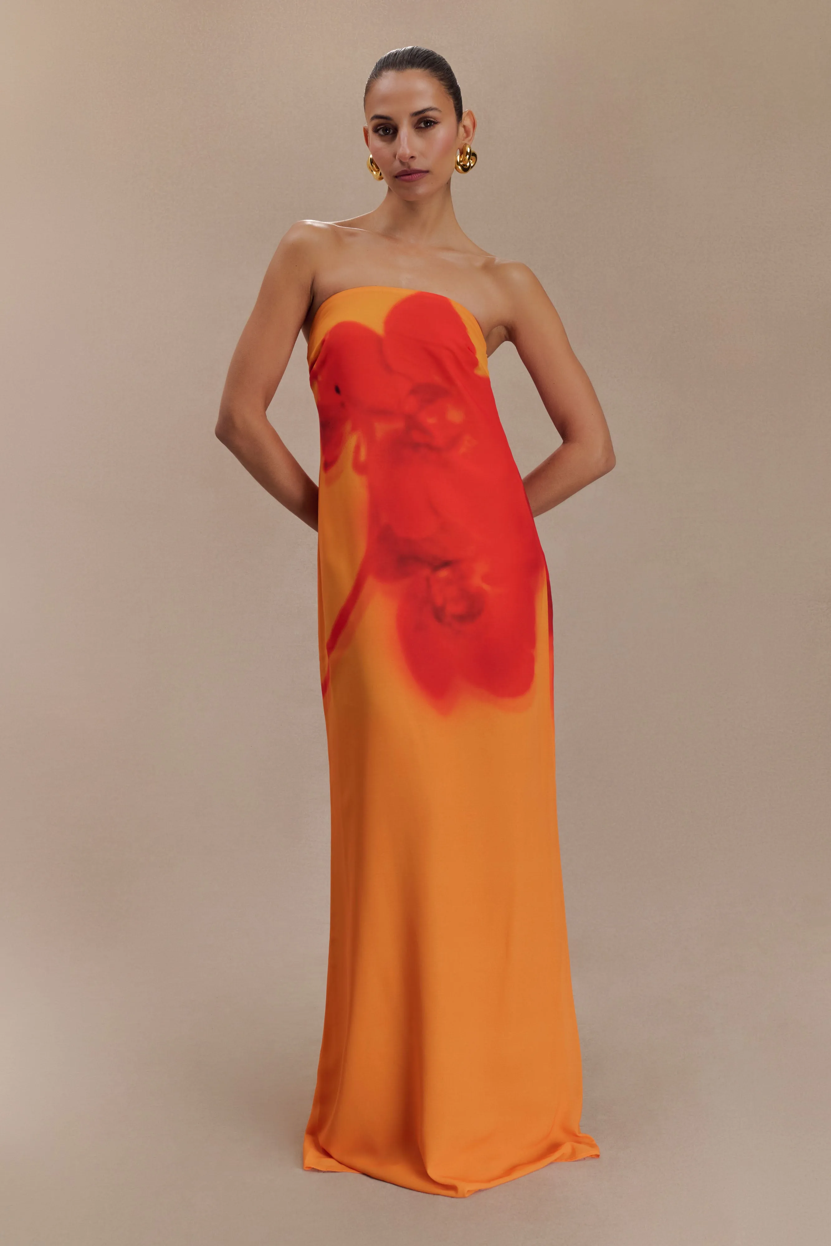 Amaya Strapless Chiffon Maxi Dress - Koi Orchid Print Stay Cool Photo Bright