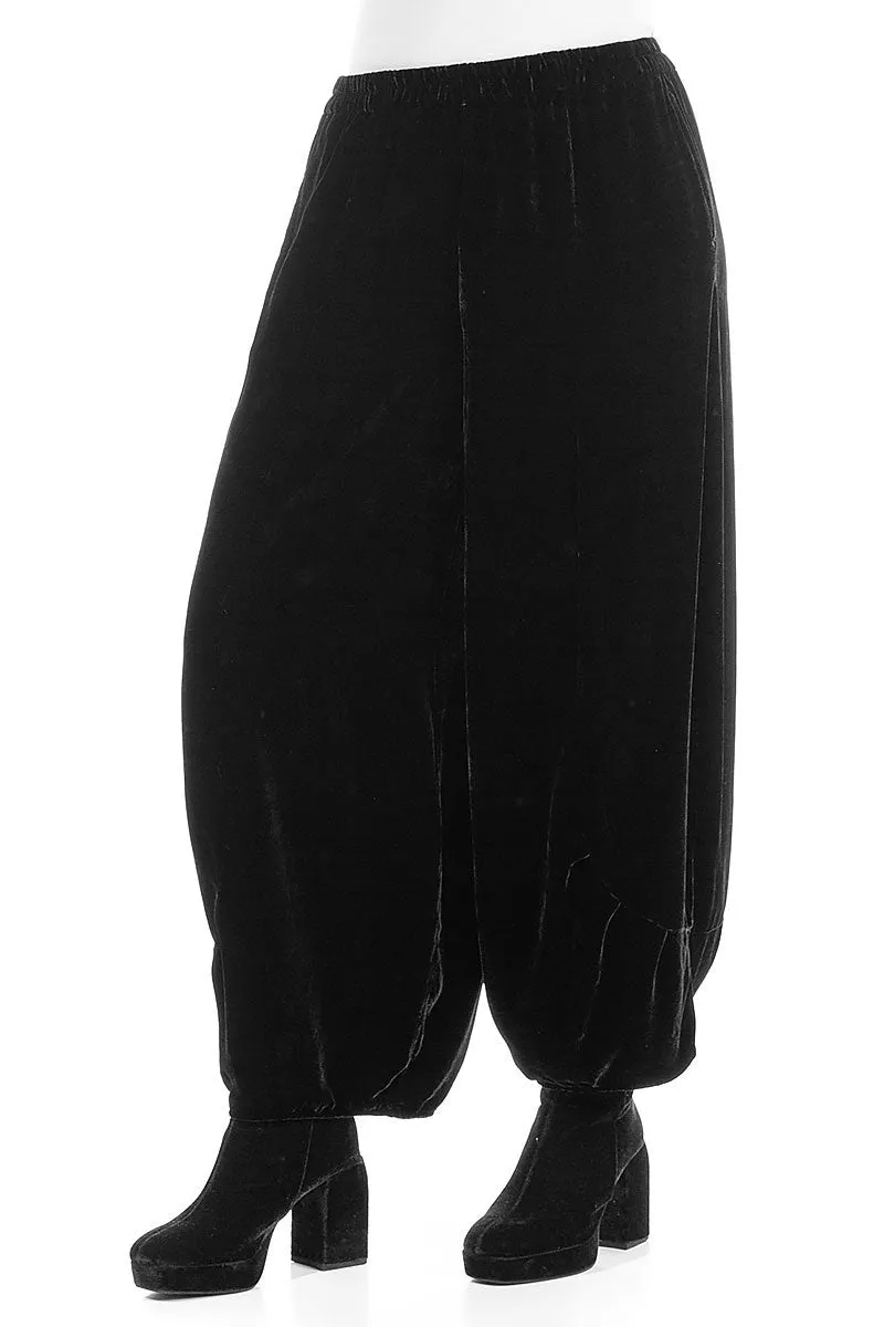 Loose Black Silk Velvet Trousers Flat Lock Stitching