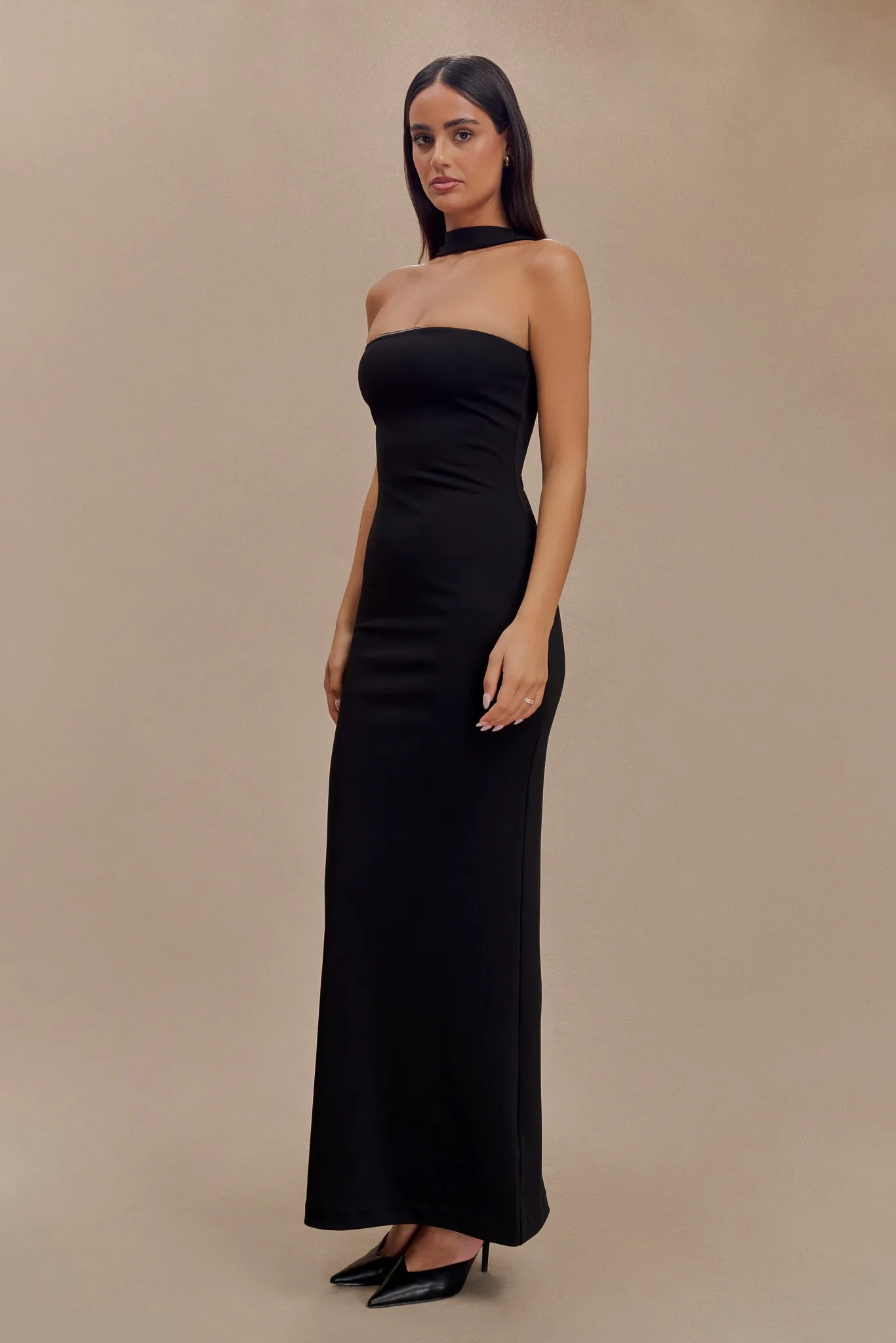 Velma Halter Collar Maxi Dress - Black Sleek Flex Fall Comfort