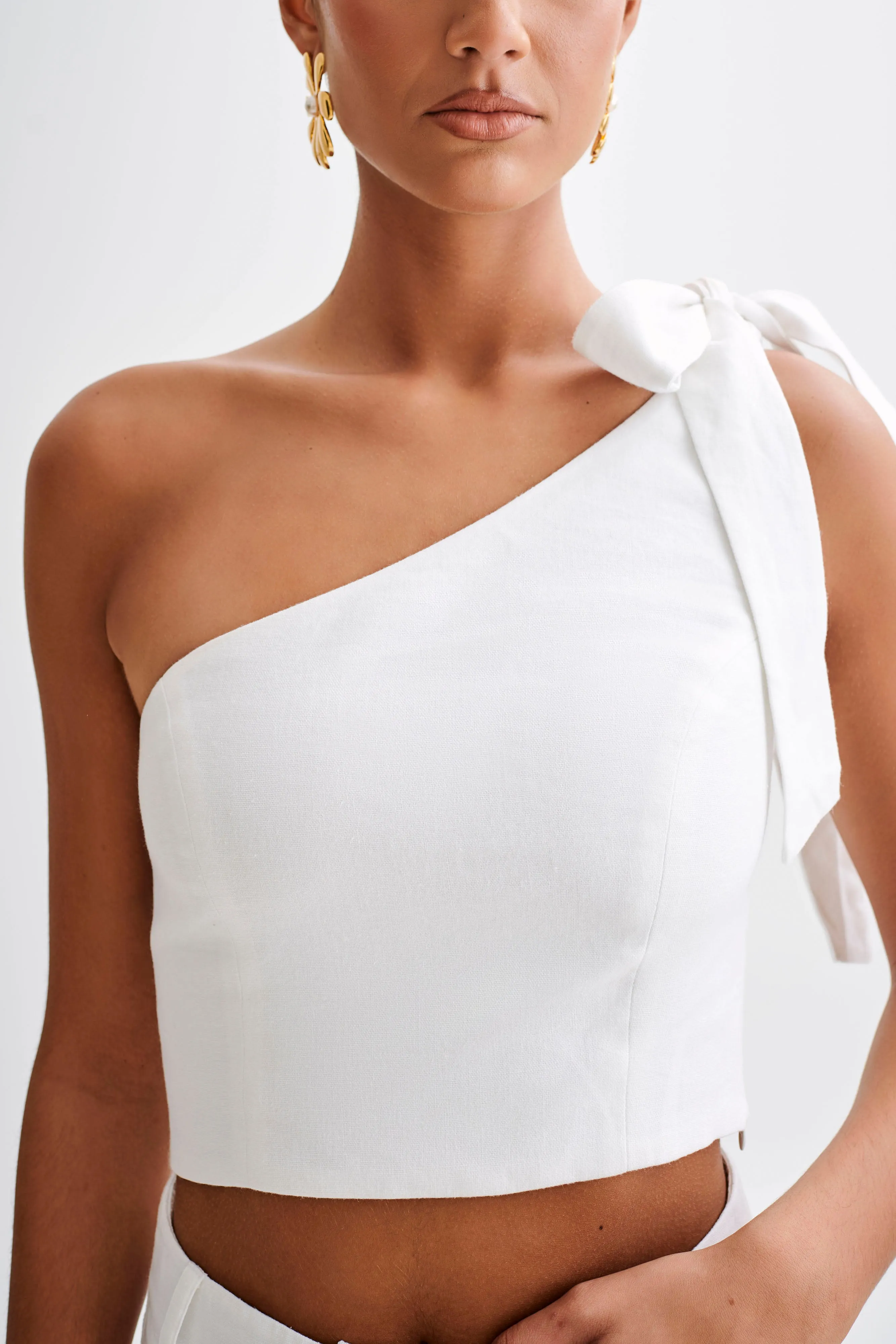 LatticeKnit Glow In The Dark Accent Trim Venezia Linen One Shoulder Tie Top - White