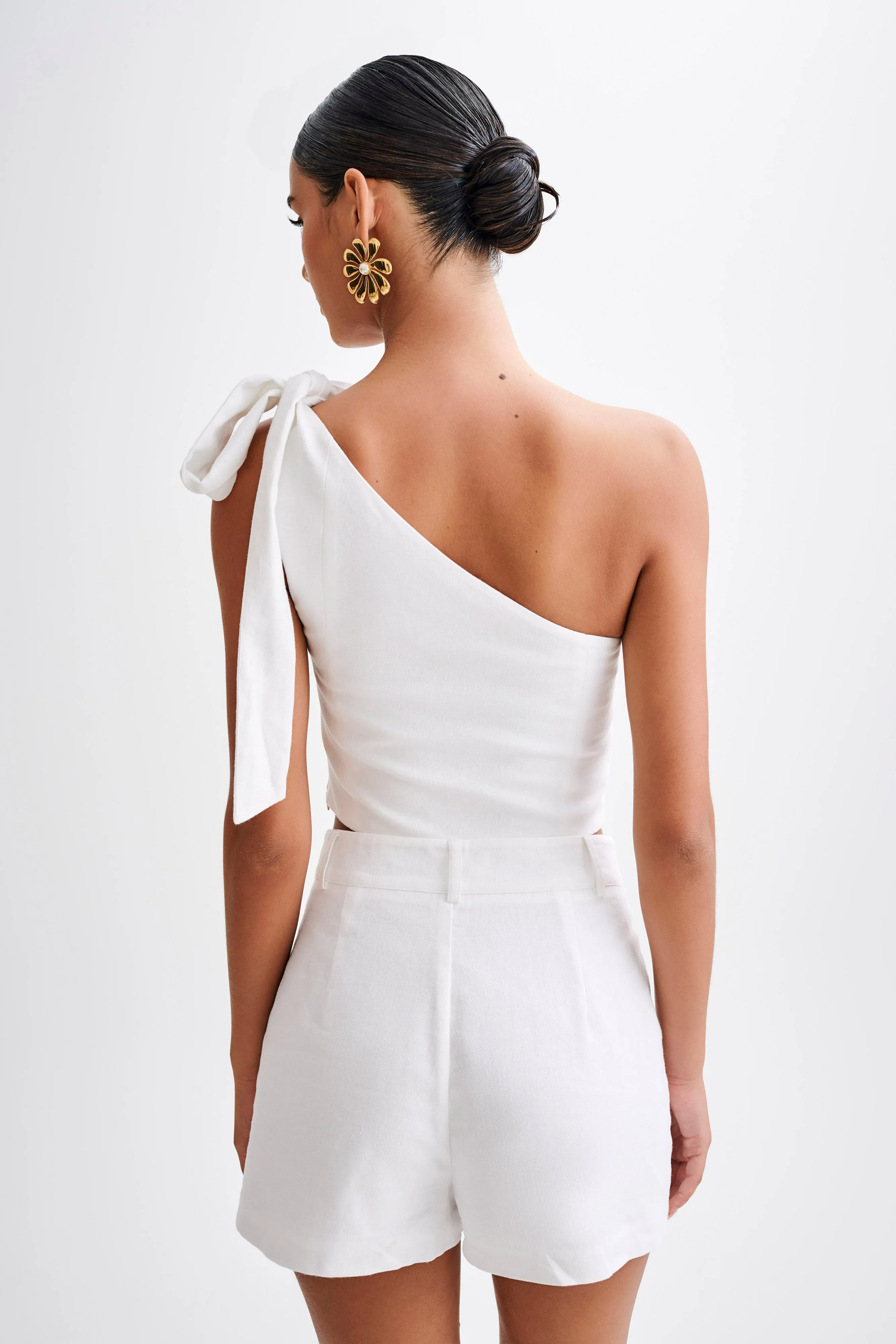 Venezia Linen One Shoulder Tie Top - White Convertible Collar