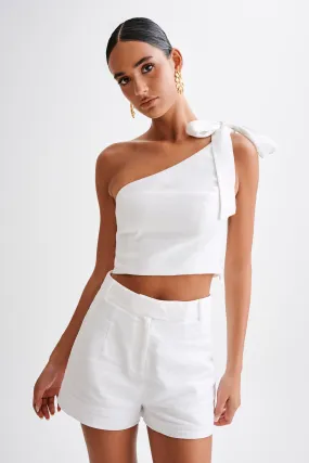 Venezia Linen One Shoulder Tie Top - White Quick Access Zipper