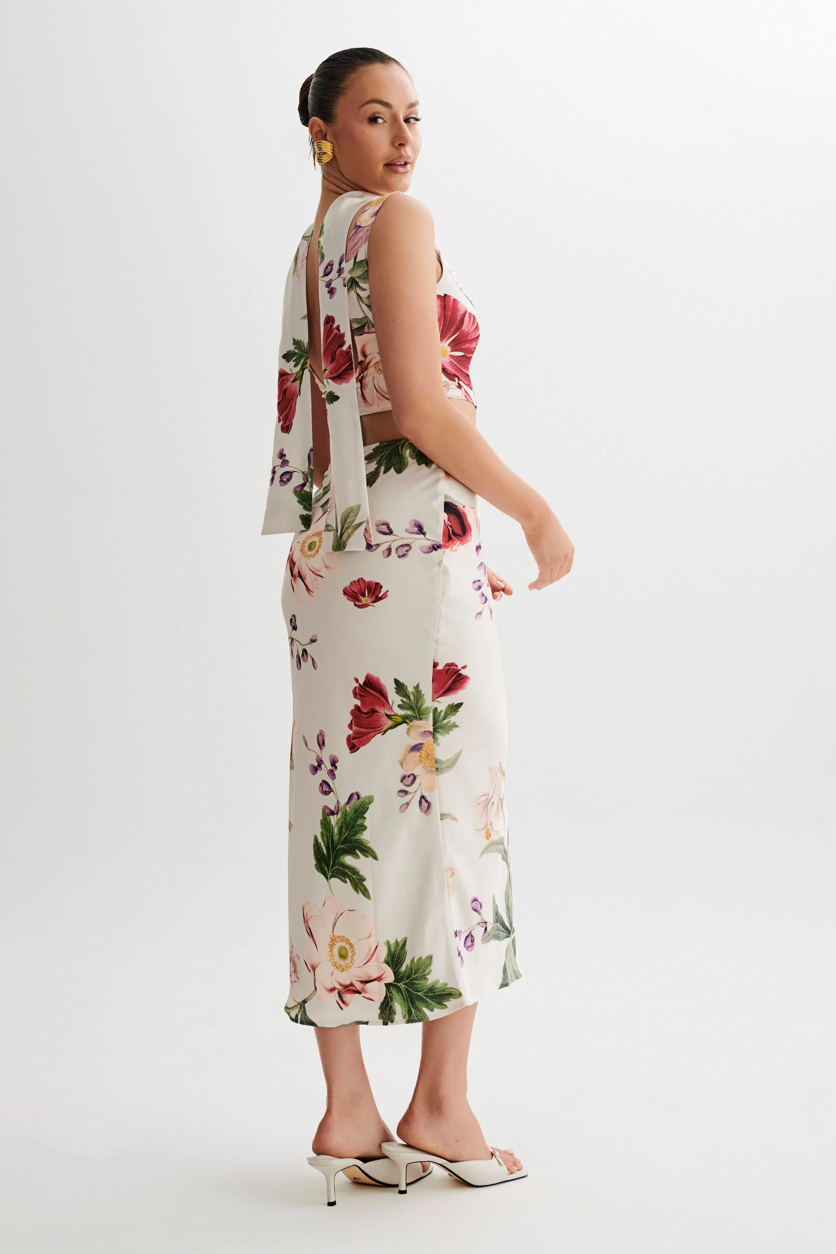 Carla Satin Sleeveless Top With Scarf - Bella Rosa Print Ultraviolet Protection Fabric Quick Release Fasteners